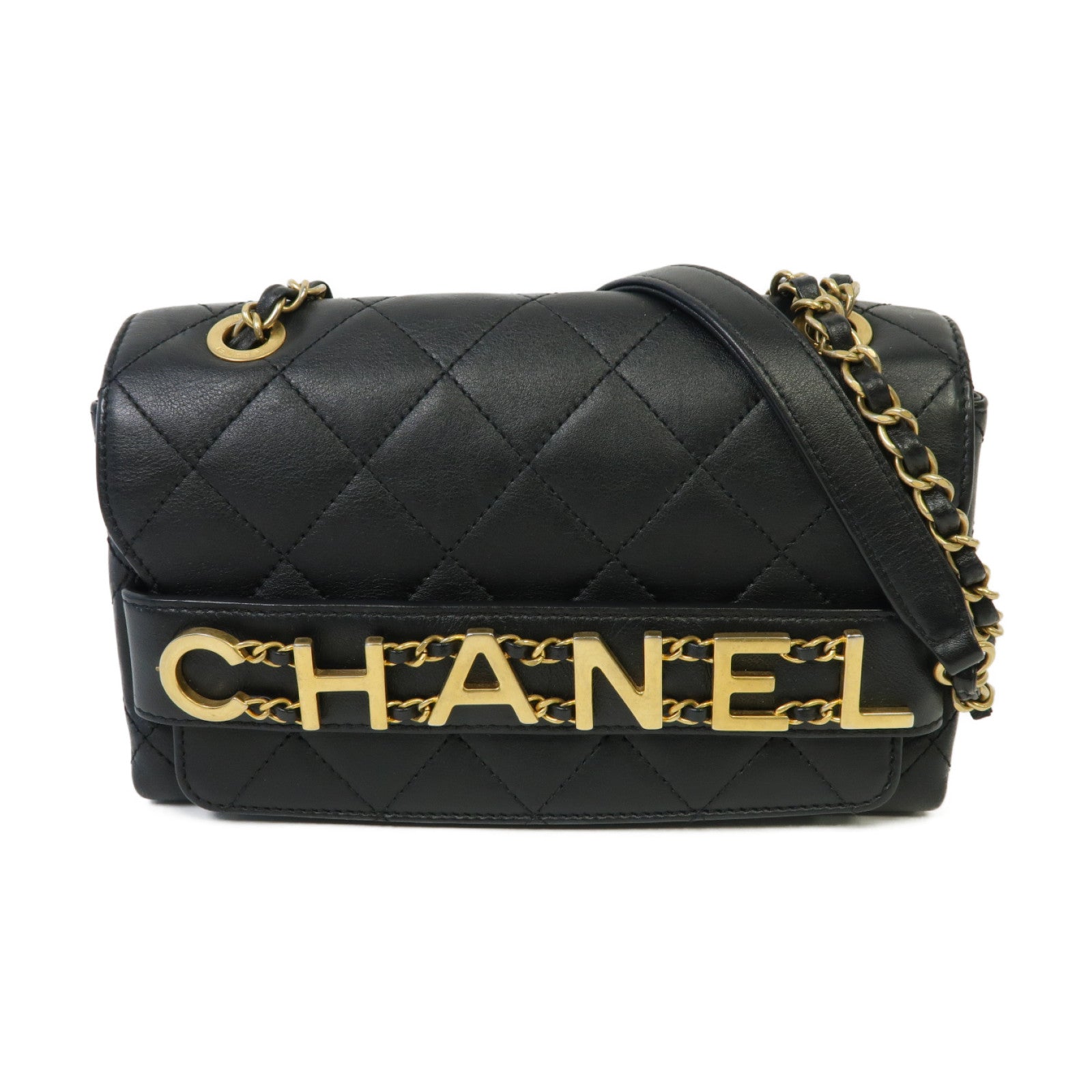CHANEL 菱格牛皮皮革Enchained Flap金扣鏈帶肩背袋黑色