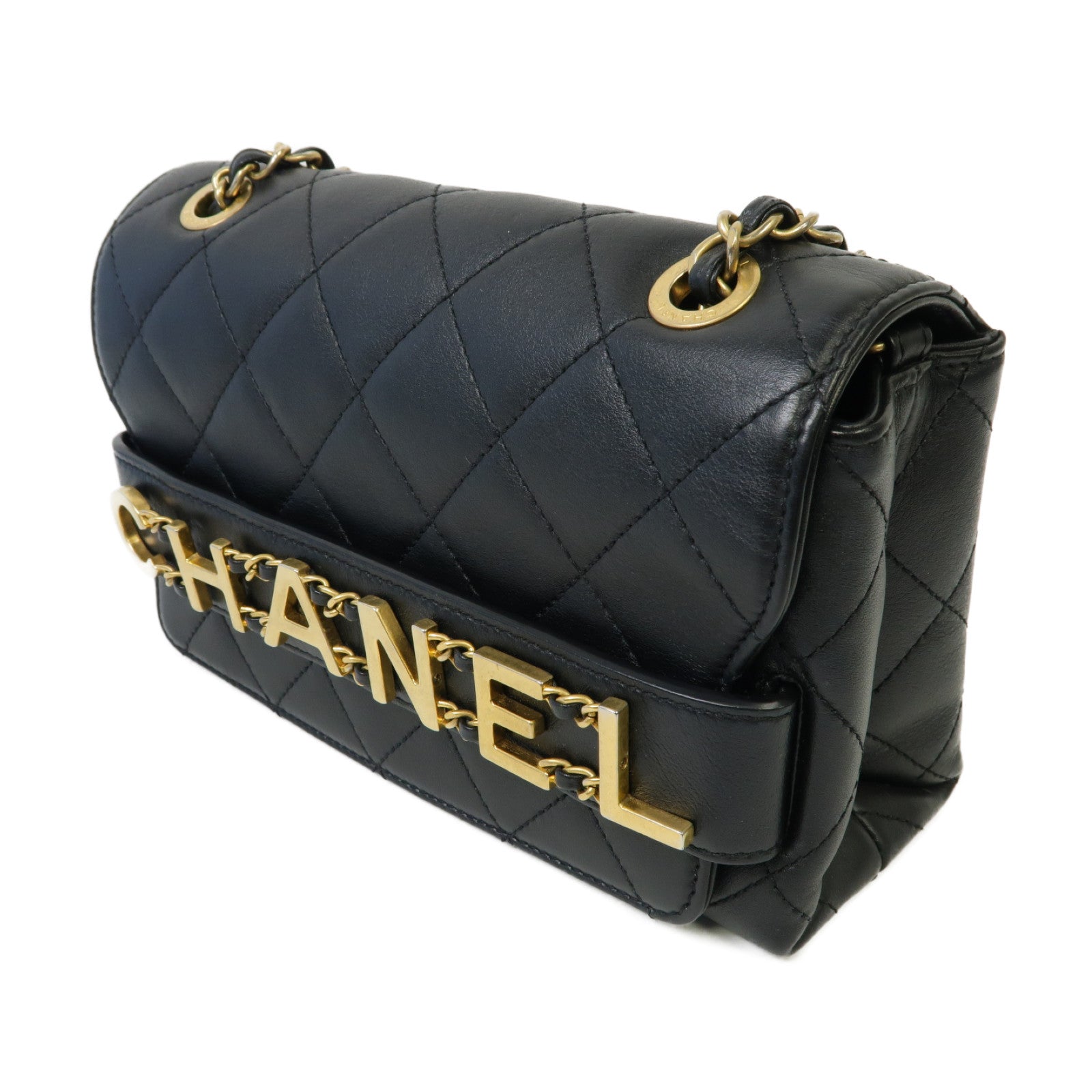 CHANEL 菱格牛皮皮革Enchained Flap金扣鏈帶肩背袋黑色
