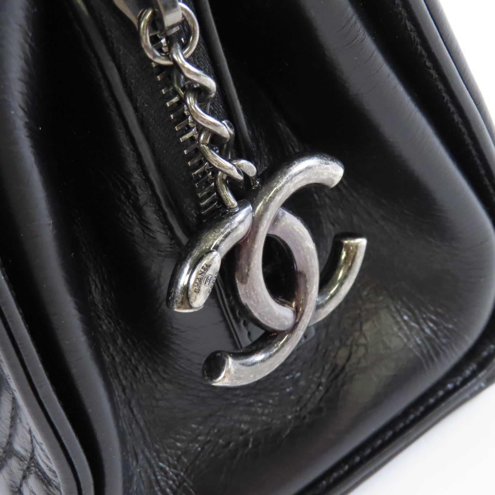 CHANEL 牛皮皮革Chain Tote Bag銀扣鏈帶肩背袋黑色