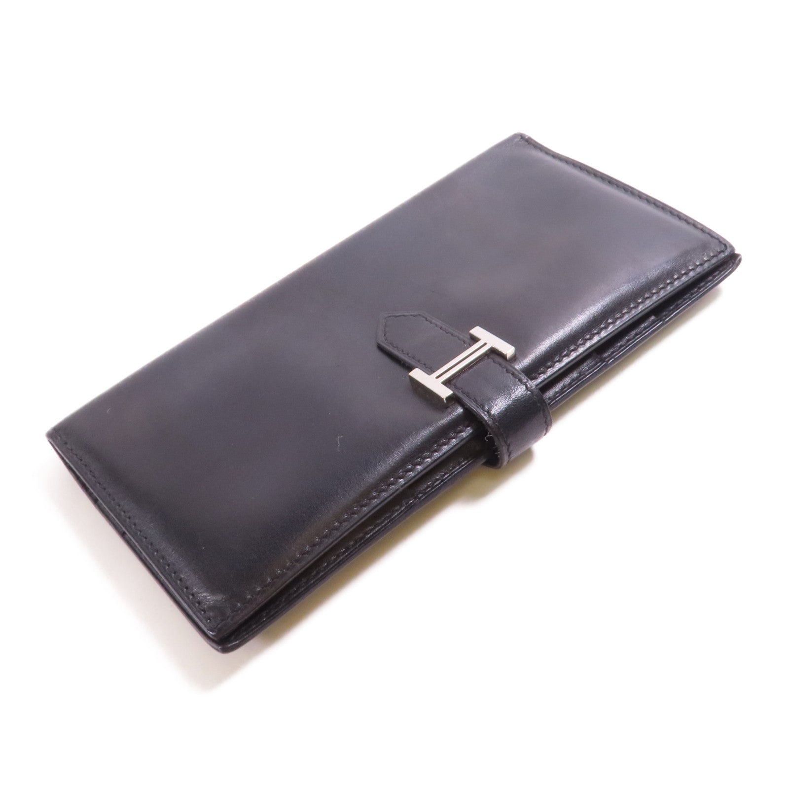 HERMES Box Calf皮革Bearn Bi Fold銀扣長錢包Noir