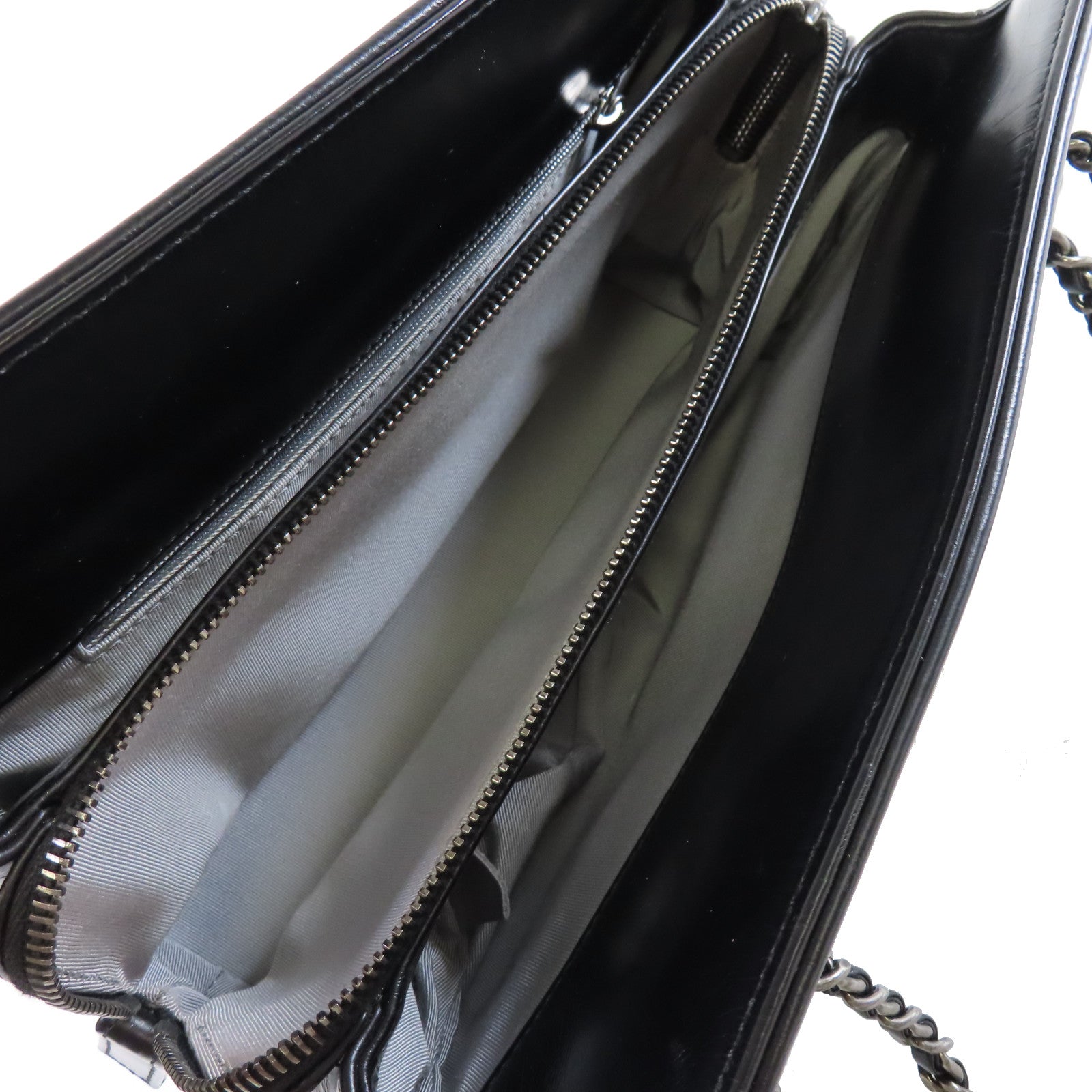 CHANEL 牛皮皮革Chain Tote Bag銀扣鏈帶肩背袋黑色