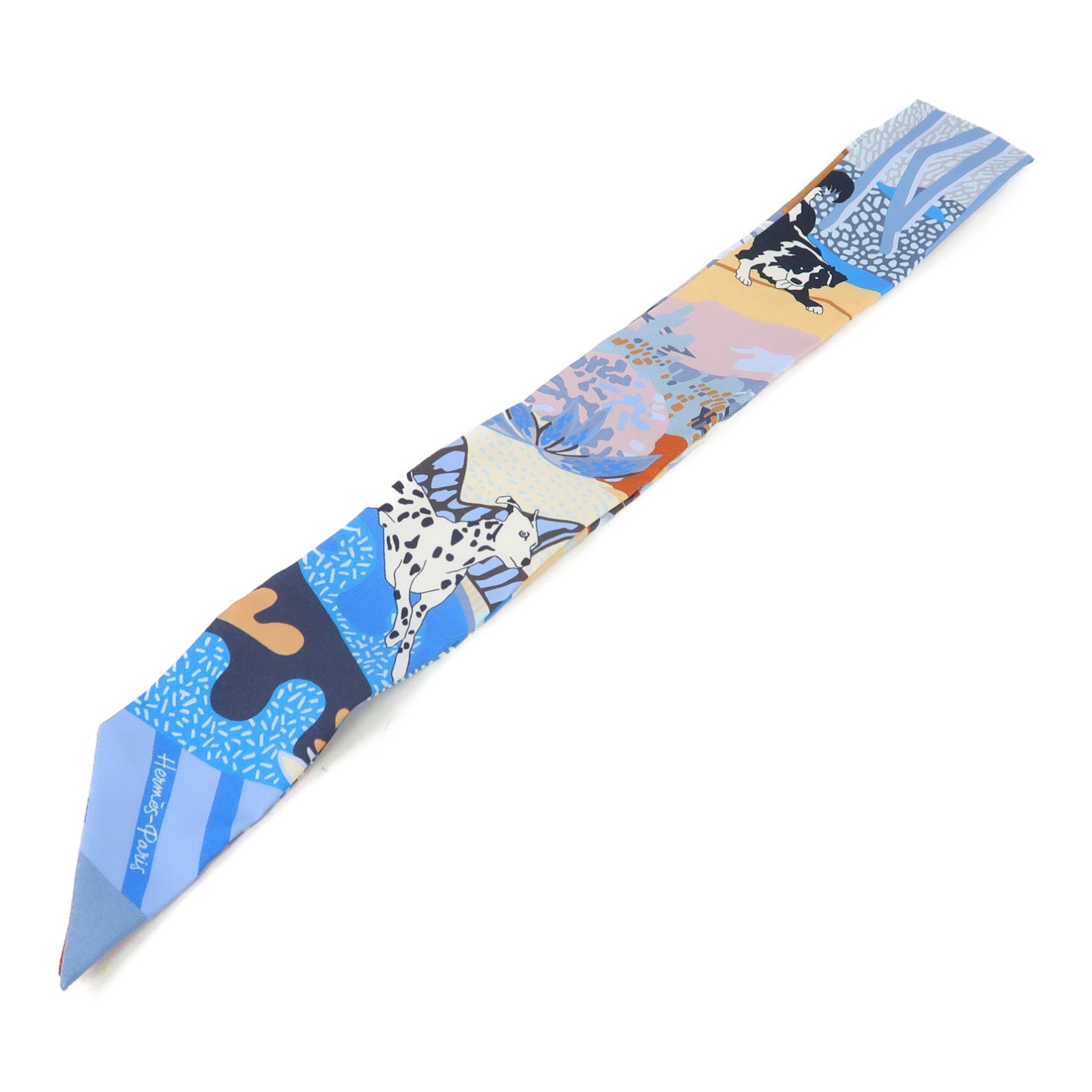 HERMES 絲質Twilly絲巾藍色/白色/黑色
