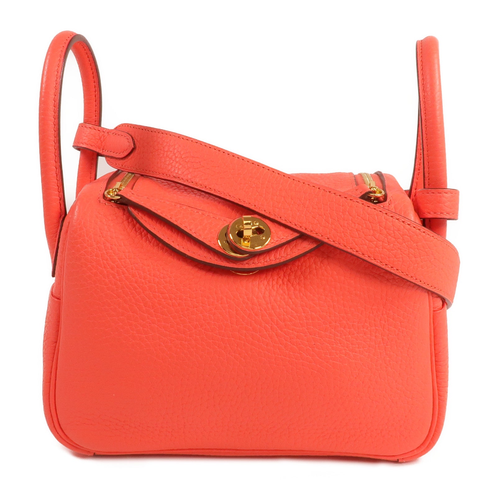 HERMES Clemence皮革Mini Lindy金扣手挽肩背兩用袋Rouge Tomate