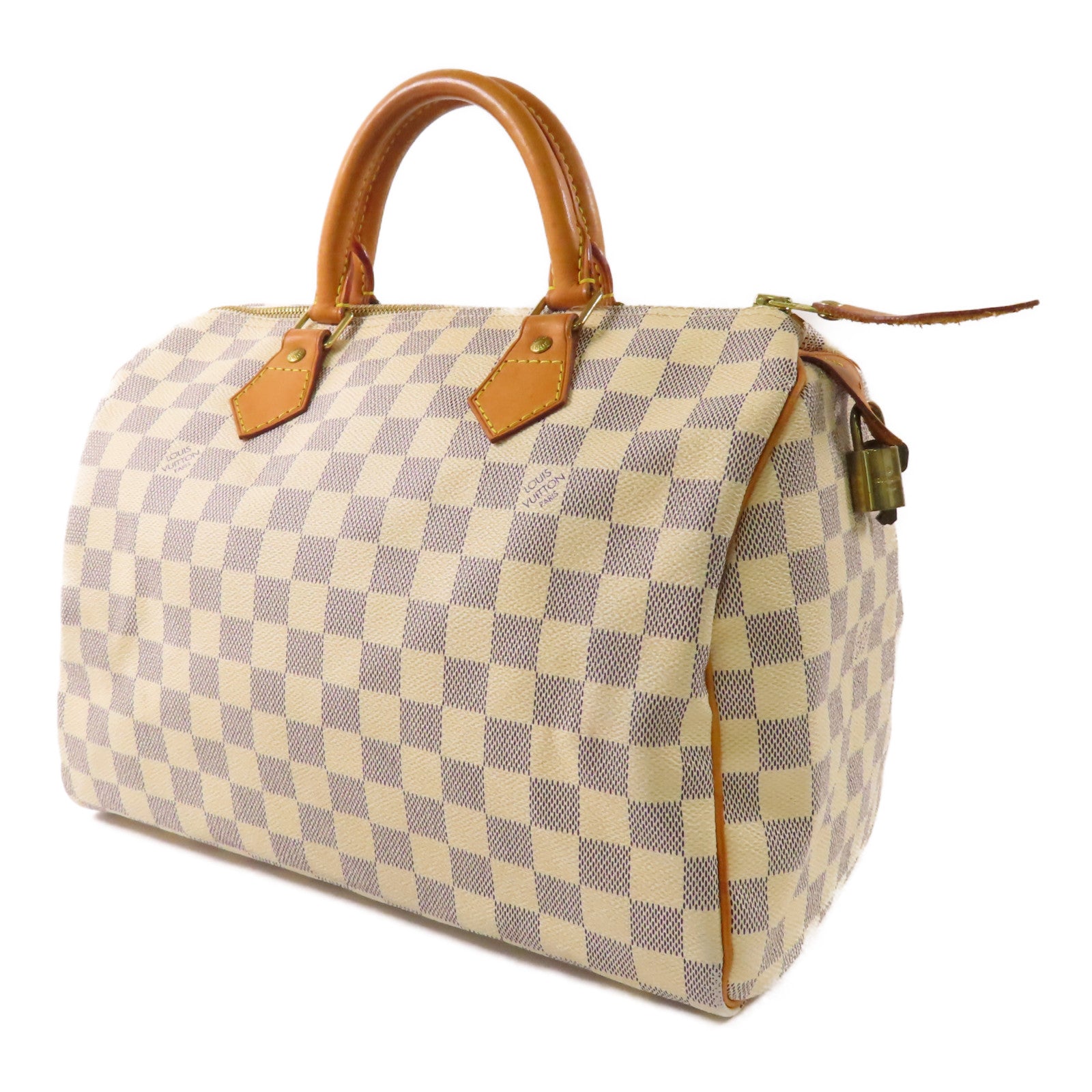 LOUIS VUITTON Damier Azur Speedy 30金扣手挽袋白色