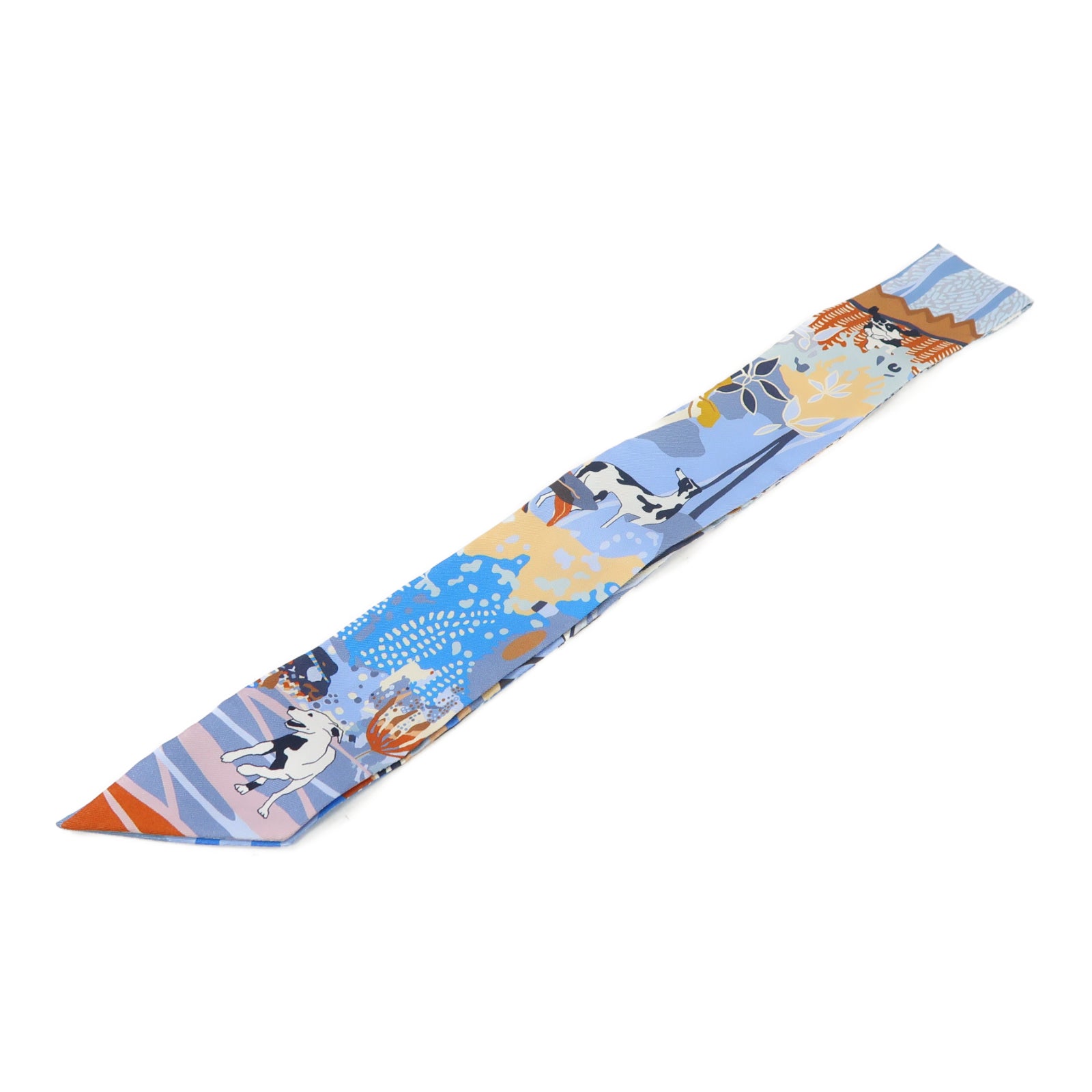 HERMES 絲質Twilly絲巾藍色/白色/黑色