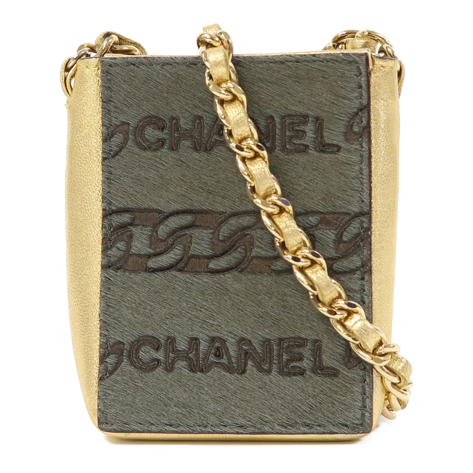 CHANEL 馬毛/皮革Cigarette Case金扣鏈帶肩背袋綠色/金色