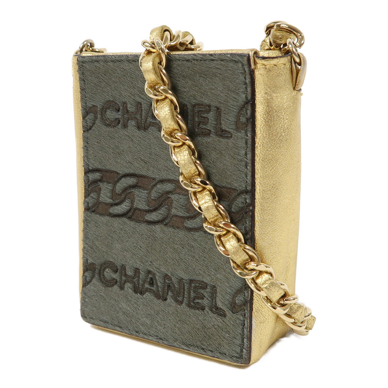 CHANEL 馬毛/皮革Cigarette Case金扣鏈帶肩背袋綠色/金色