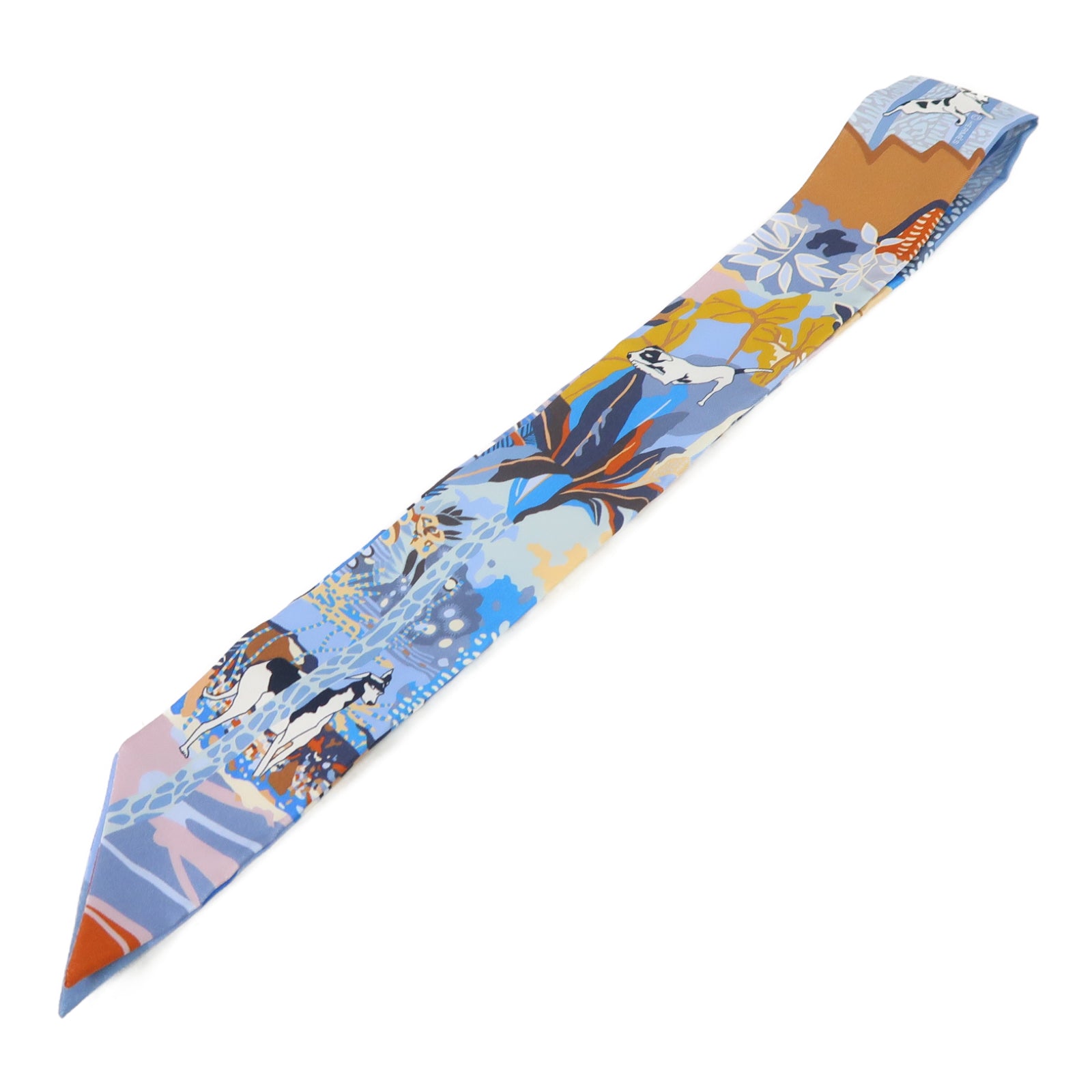 HERMES 絲質Twilly絲巾藍色/白色/黑色