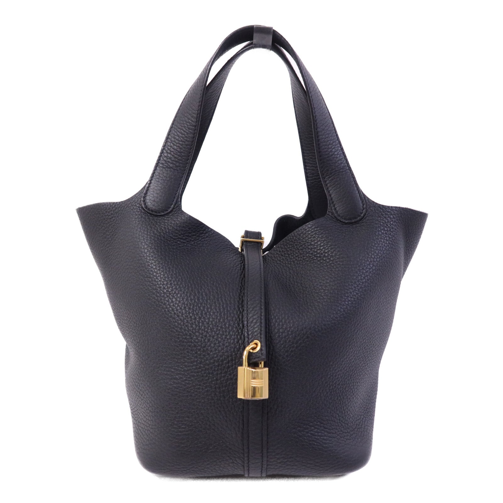 HERMES Clemence皮革Picotin MM金扣手挽袋Noir
