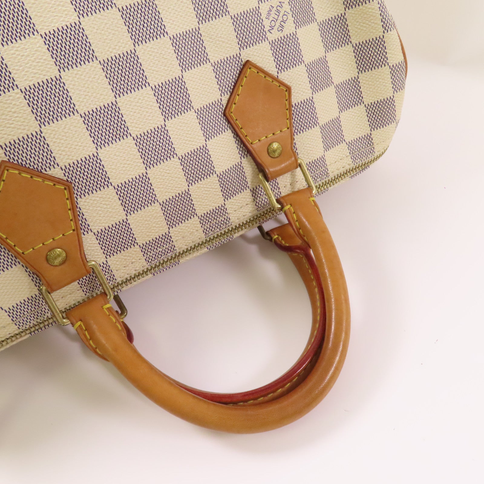 LOUIS VUITTON Damier Azur Speedy 30金扣手挽袋白色