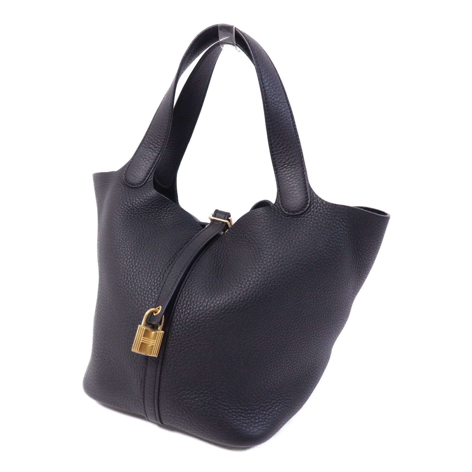 HERMES Clemence皮革Picotin MM金扣手挽袋Noir