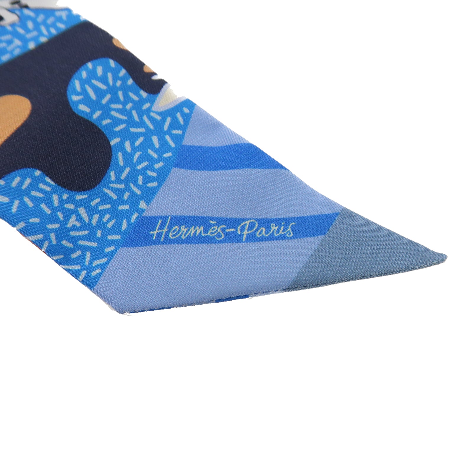HERMES 絲質Twilly絲巾藍色/白色/黑色