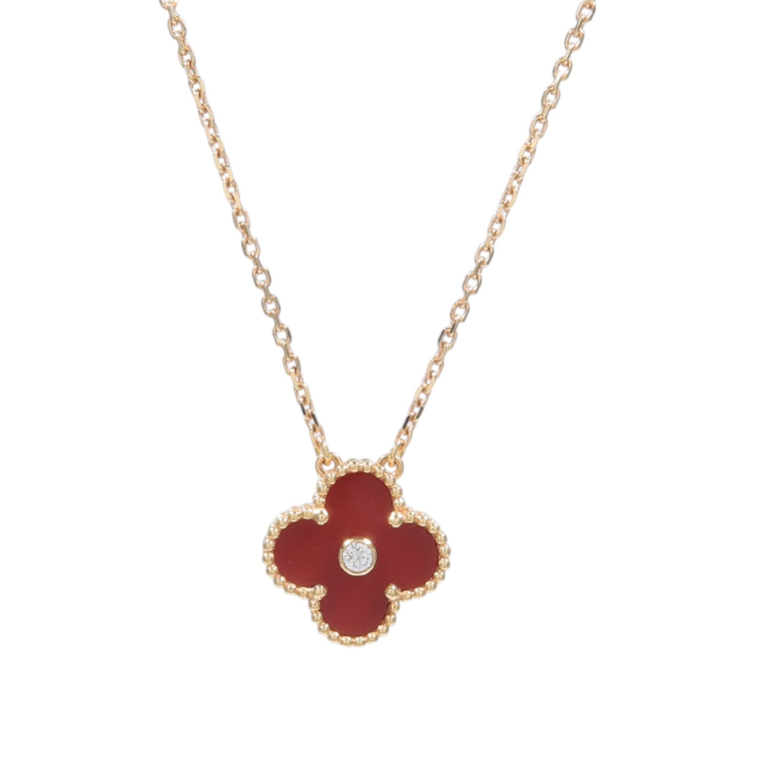 Van Cleef & Arpels 18K玫瑰金Vintage Alhambra Holiday 2011紅玉髓/鑽石項鍊