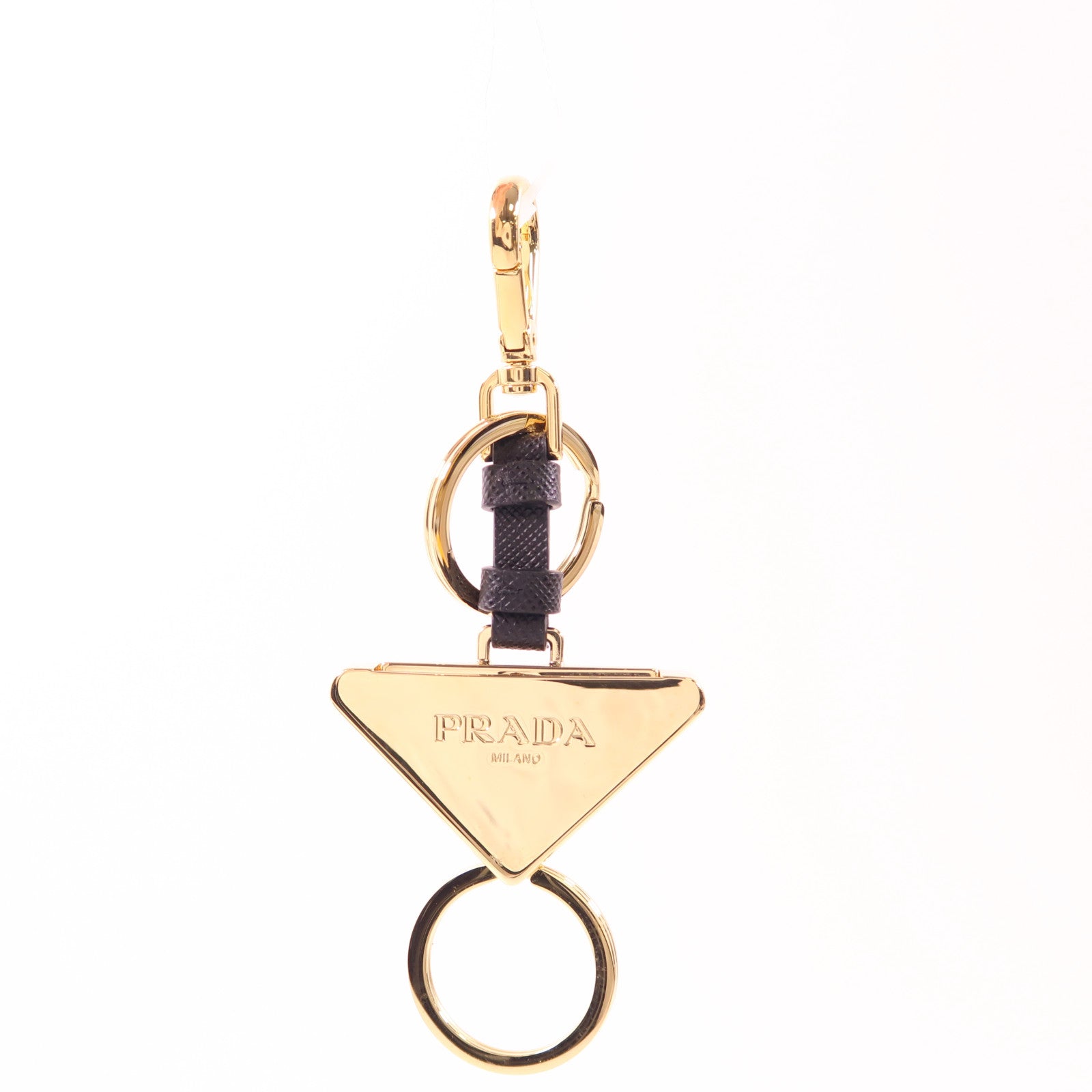 PRADA Triangle Logo Keychain Leather Metal Black Gold 1PS059 66A/F019F