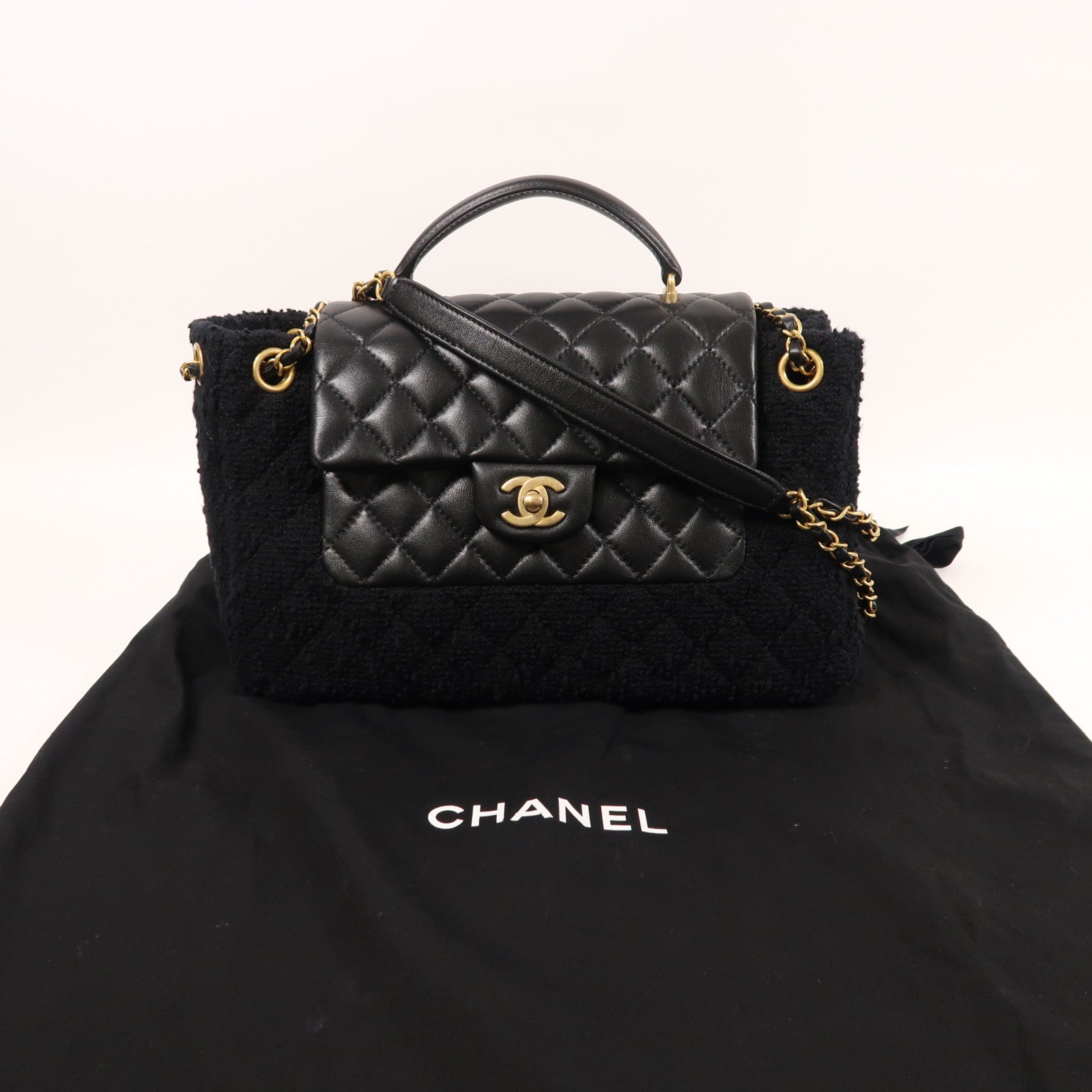 CHANEL 牛皮皮革/粗花呢2 Way Shoulder金扣手挽肩背兩用袋