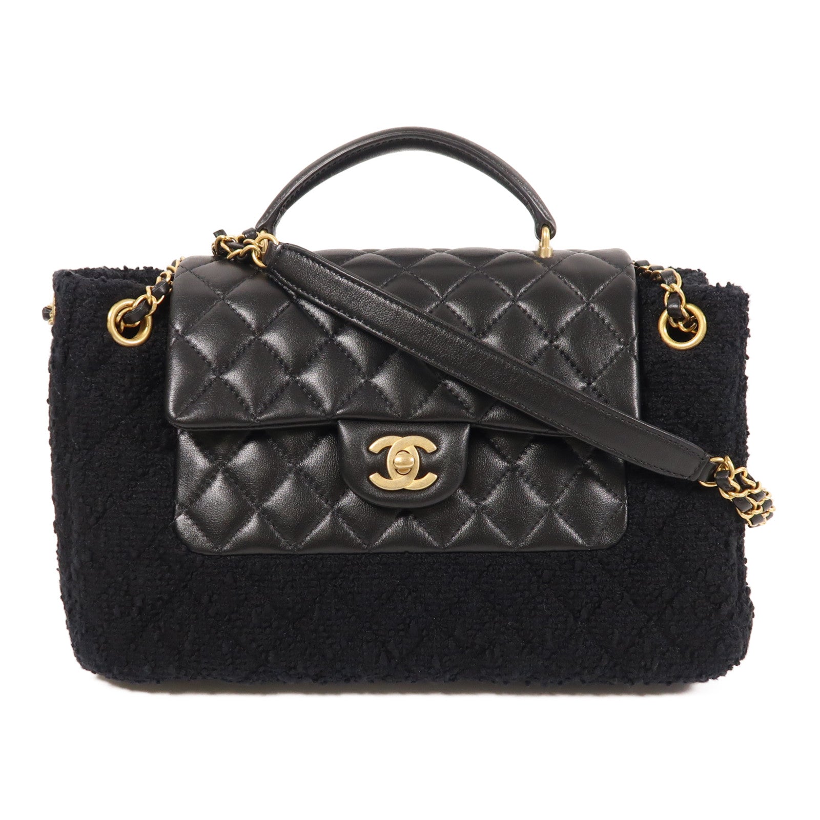 CHANEL 牛皮皮革/粗花呢2 Way Shoulder金扣手挽肩背兩用袋