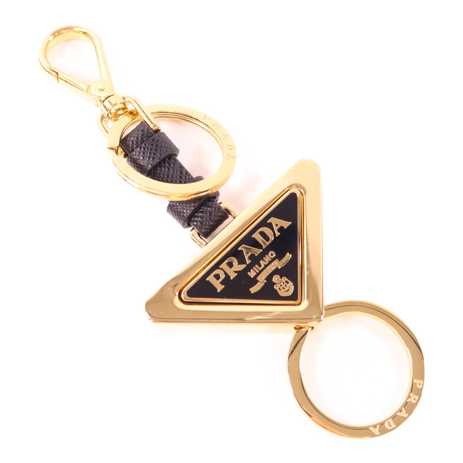 PRADA Triangle Logo Keychain Leather Metal Black Gold 1PS059 66A/F019F