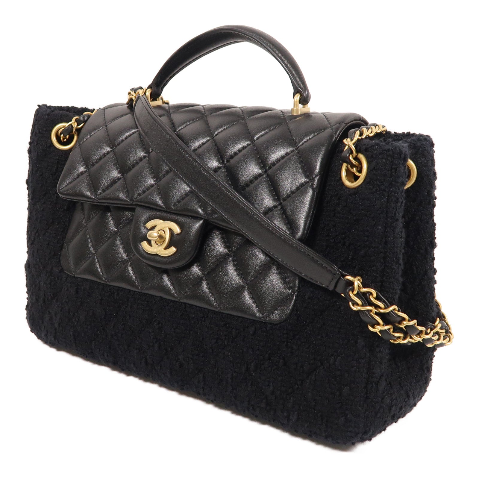 CHANEL 牛皮皮革/粗花呢2 Way Shoulder金扣手挽肩背兩用袋