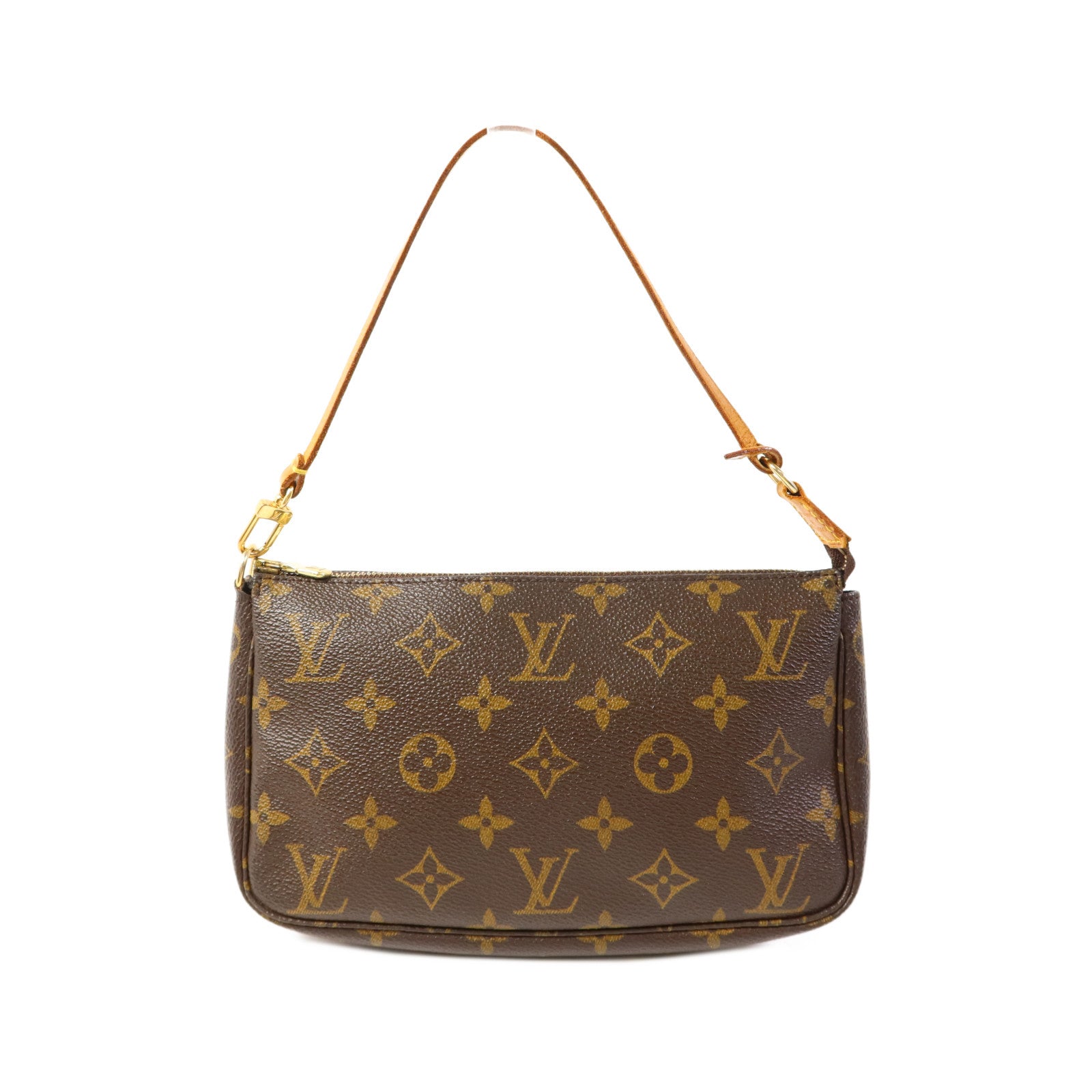 LOUIS VUITTON Monogram Pochette Accessoires金扣手挽袋棕色