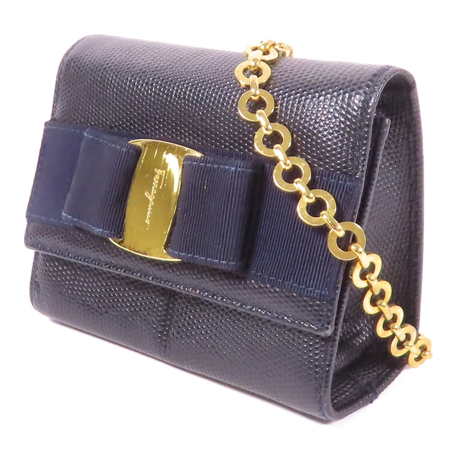 Salvatore Ferragamo 牛皮皮革Mini Pochette金扣鏈帶肩背袋