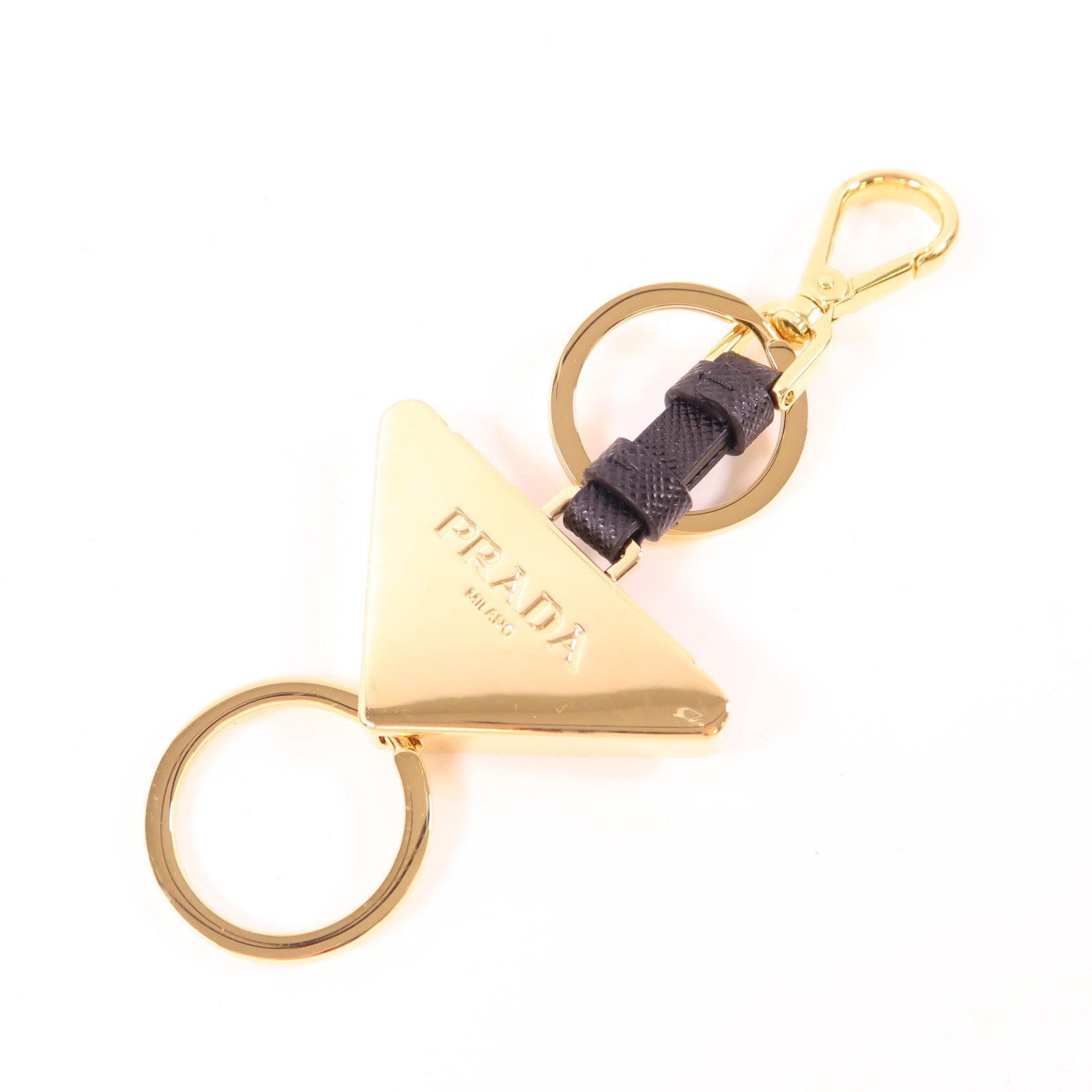PRADA Triangle Logo Keychain Leather Metal Black Gold 1PS059 66A/F019F