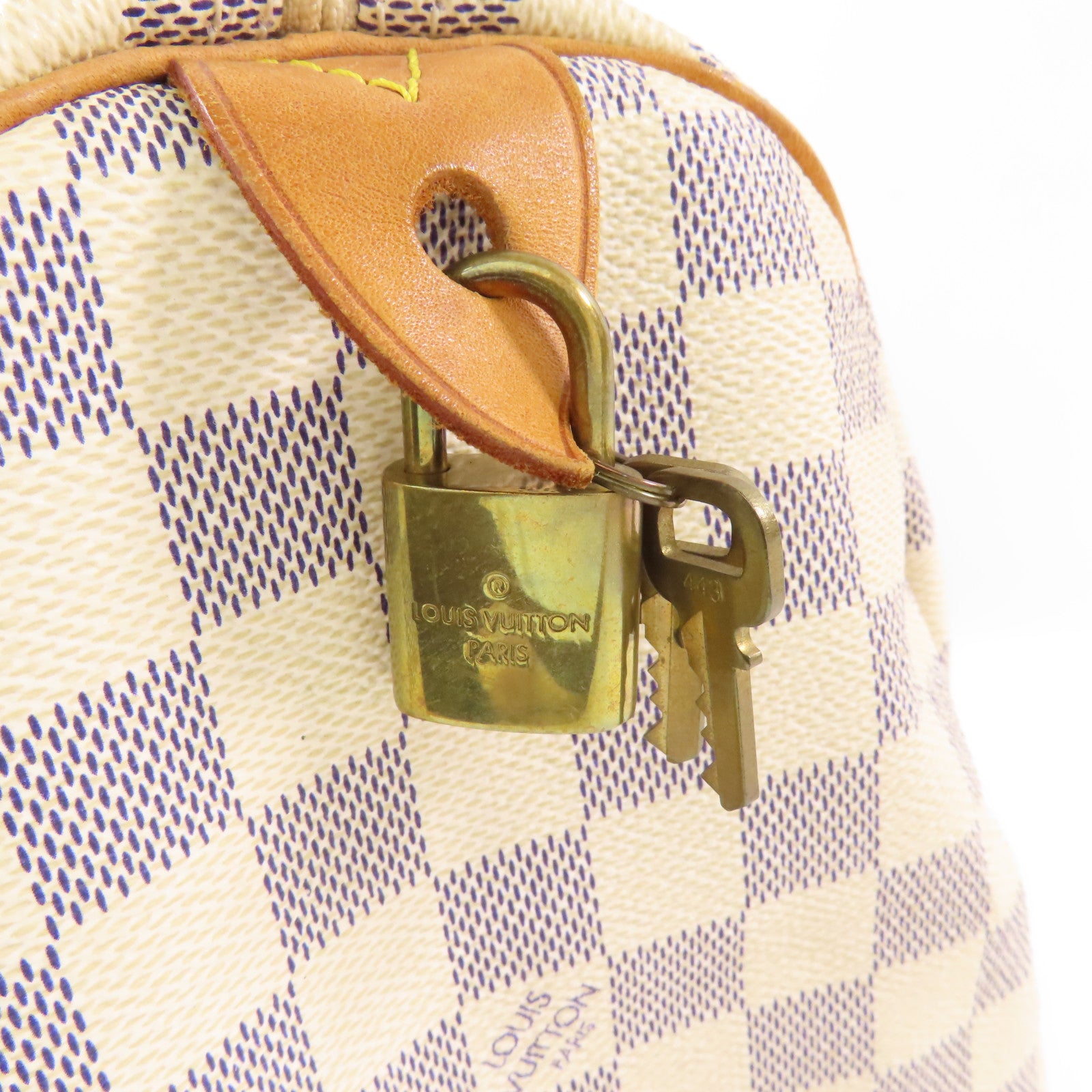 LOUIS VUITTON Damier Azur Speedy 30金扣手挽袋白色