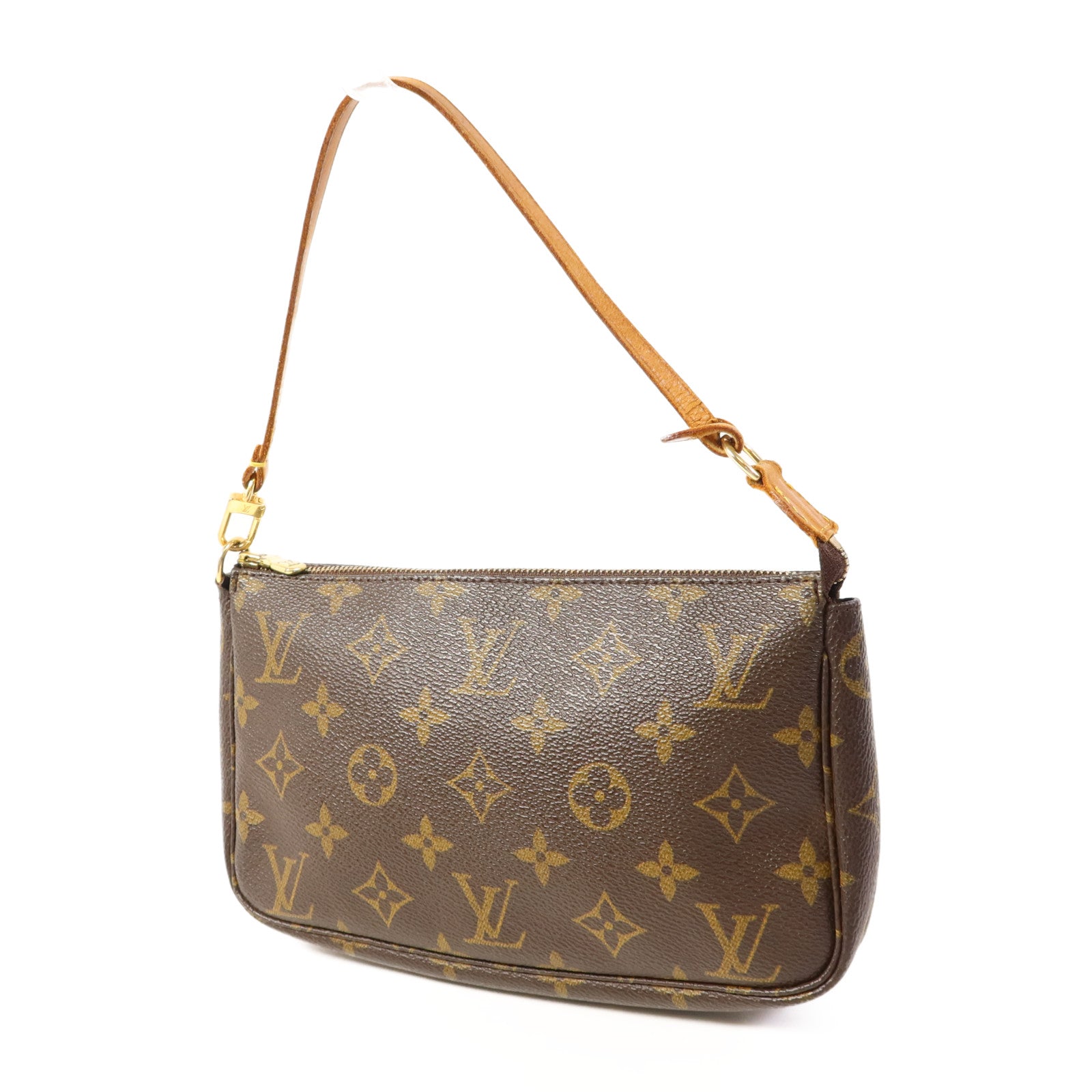 LOUIS VUITTON Monogram Pochette Accessoires金扣手挽袋棕色