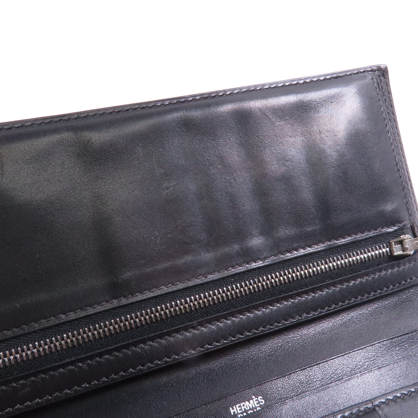 HERMES Box Calf皮革Bearn Bi Fold銀扣長錢包Noir