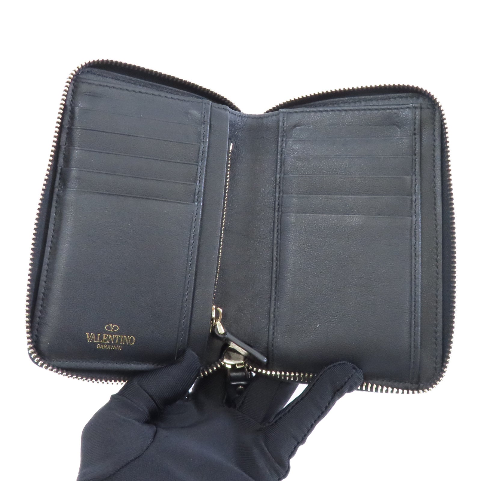 Valentino 【激減優惠】牛皮皮革Zipper Wallet金扣錢包黑色