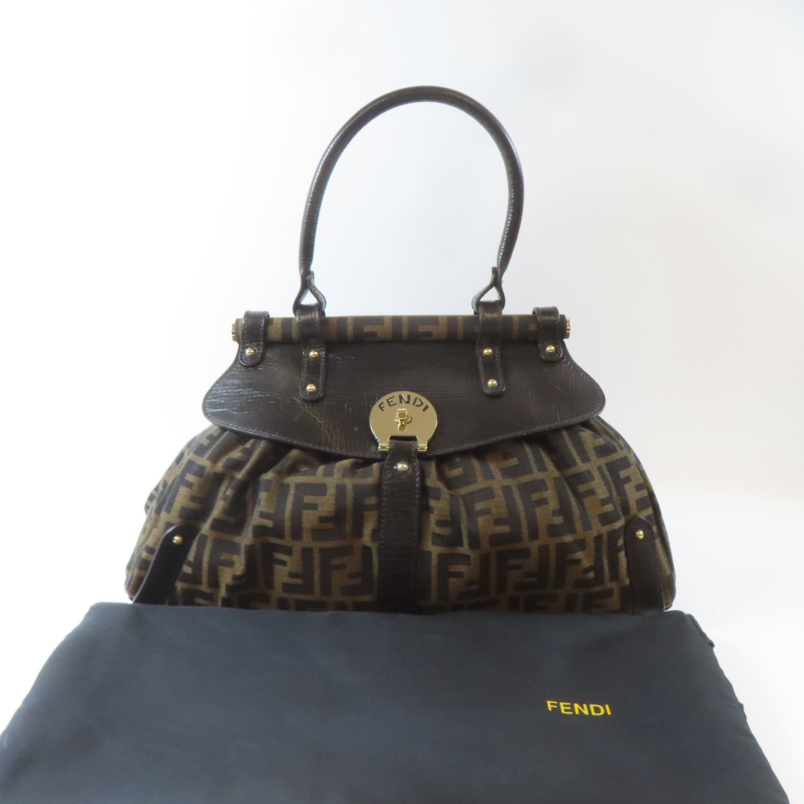 FENDI 牛皮皮革/帆布Hand Bag金扣手挽袋啡色