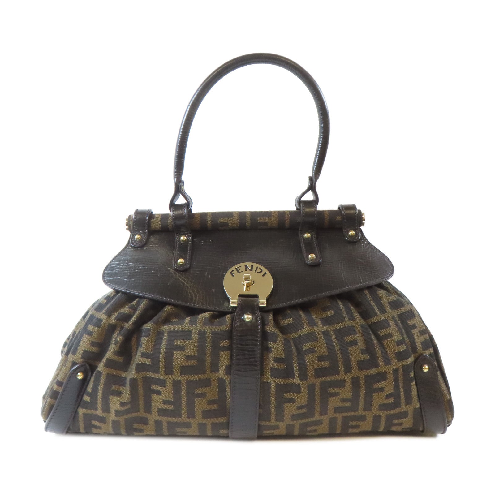 FENDI 牛皮皮革/帆布Hand Bag金扣手挽袋啡色