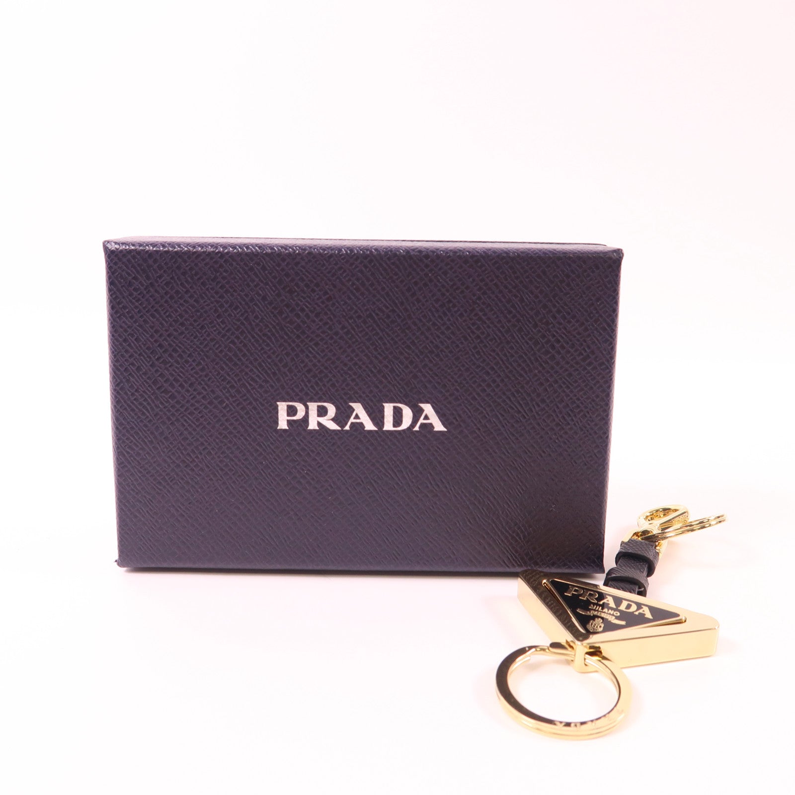 PRADA Triangle Logo Keychain Leather Metal Black Gold 1PS059 66A/F019F