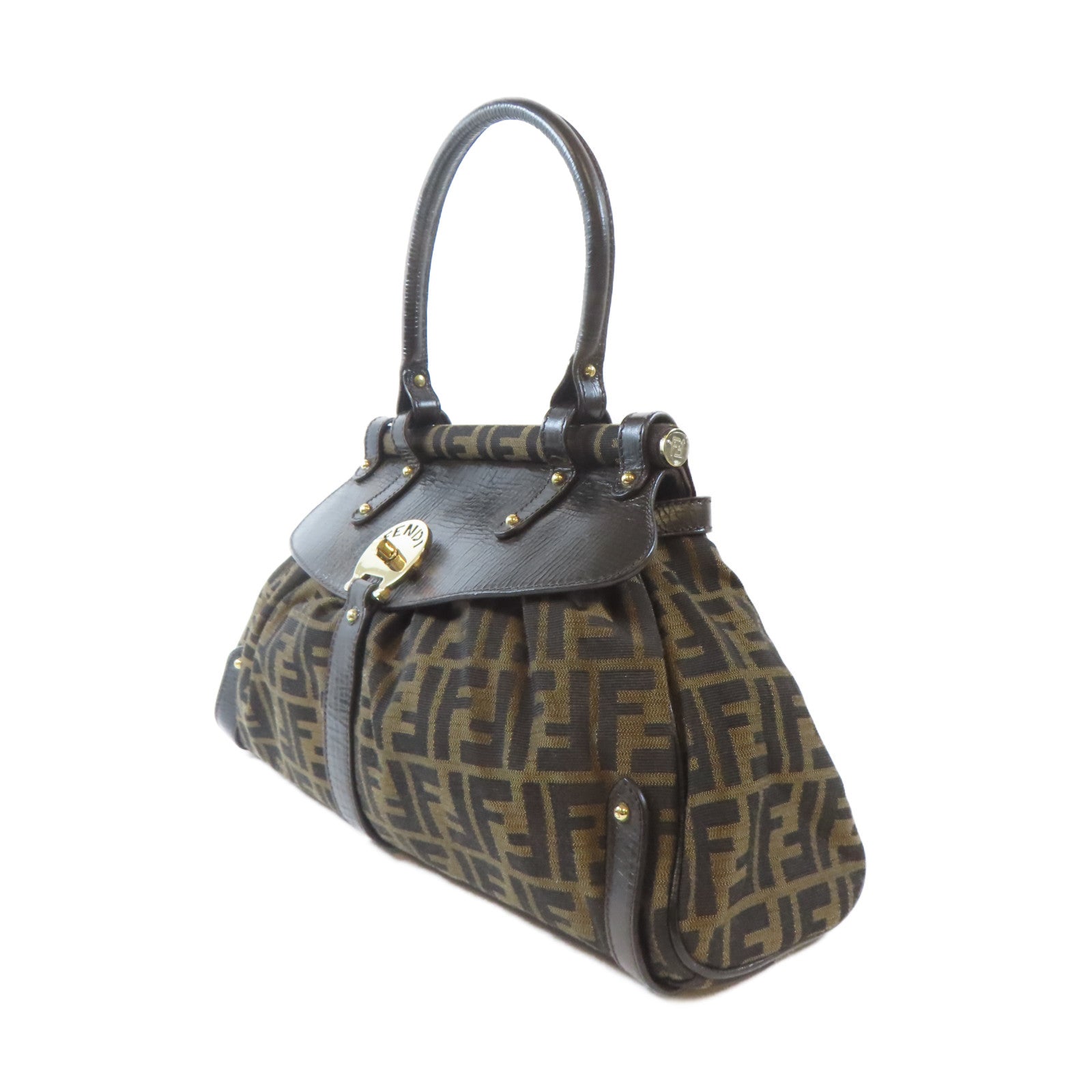 FENDI 牛皮皮革/帆布Hand Bag金扣手挽袋啡色