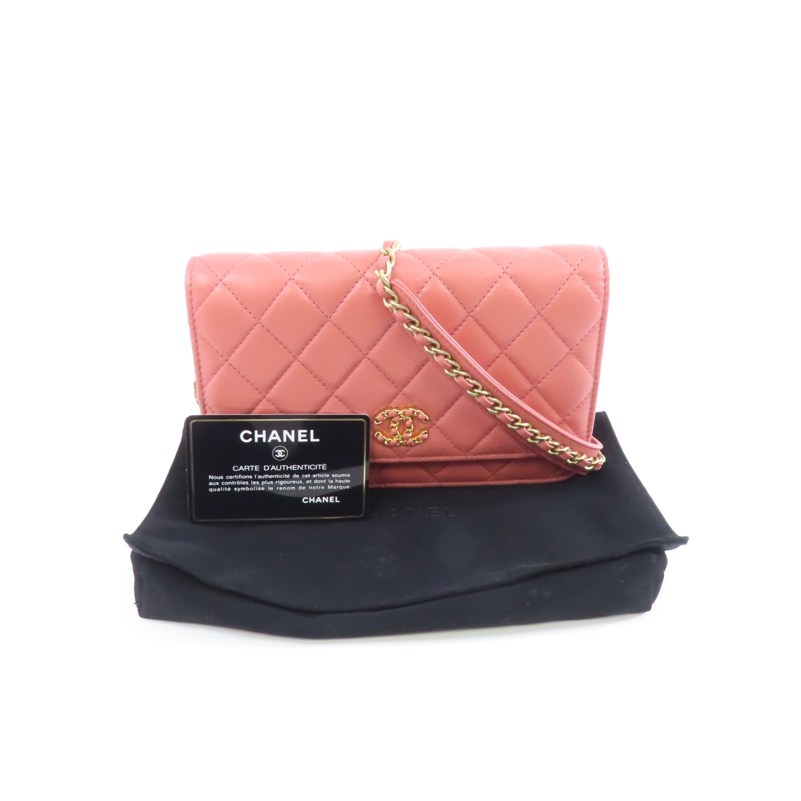CHANEL 【激減優惠】菱格羊皮皮革C19 Wallet On Chain金扣鏈帶肩背袋粉紅色