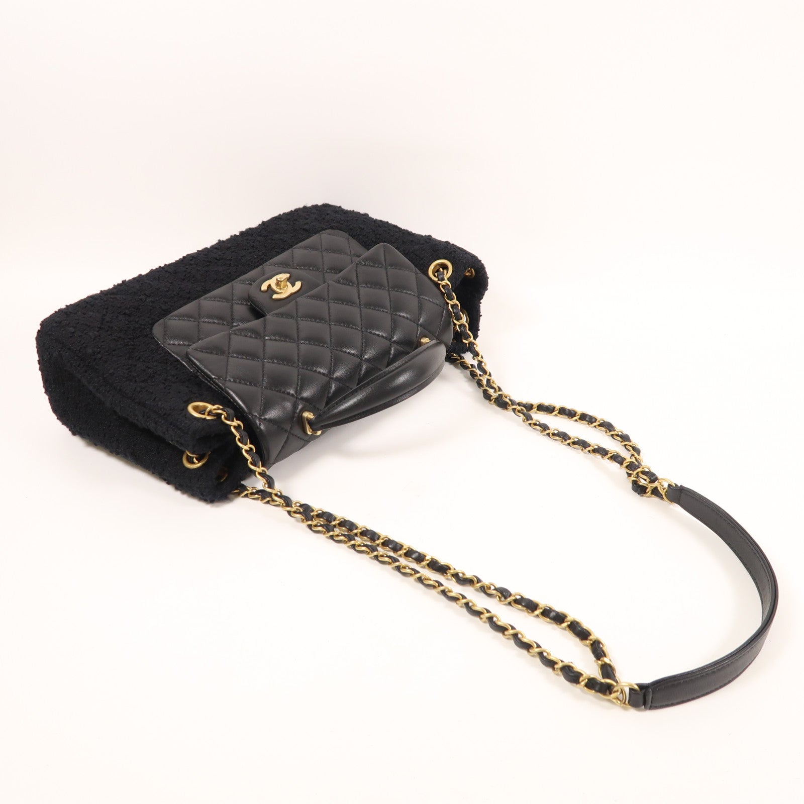 CHANEL 牛皮皮革/粗花呢2 Way Shoulder金扣手挽肩背兩用袋