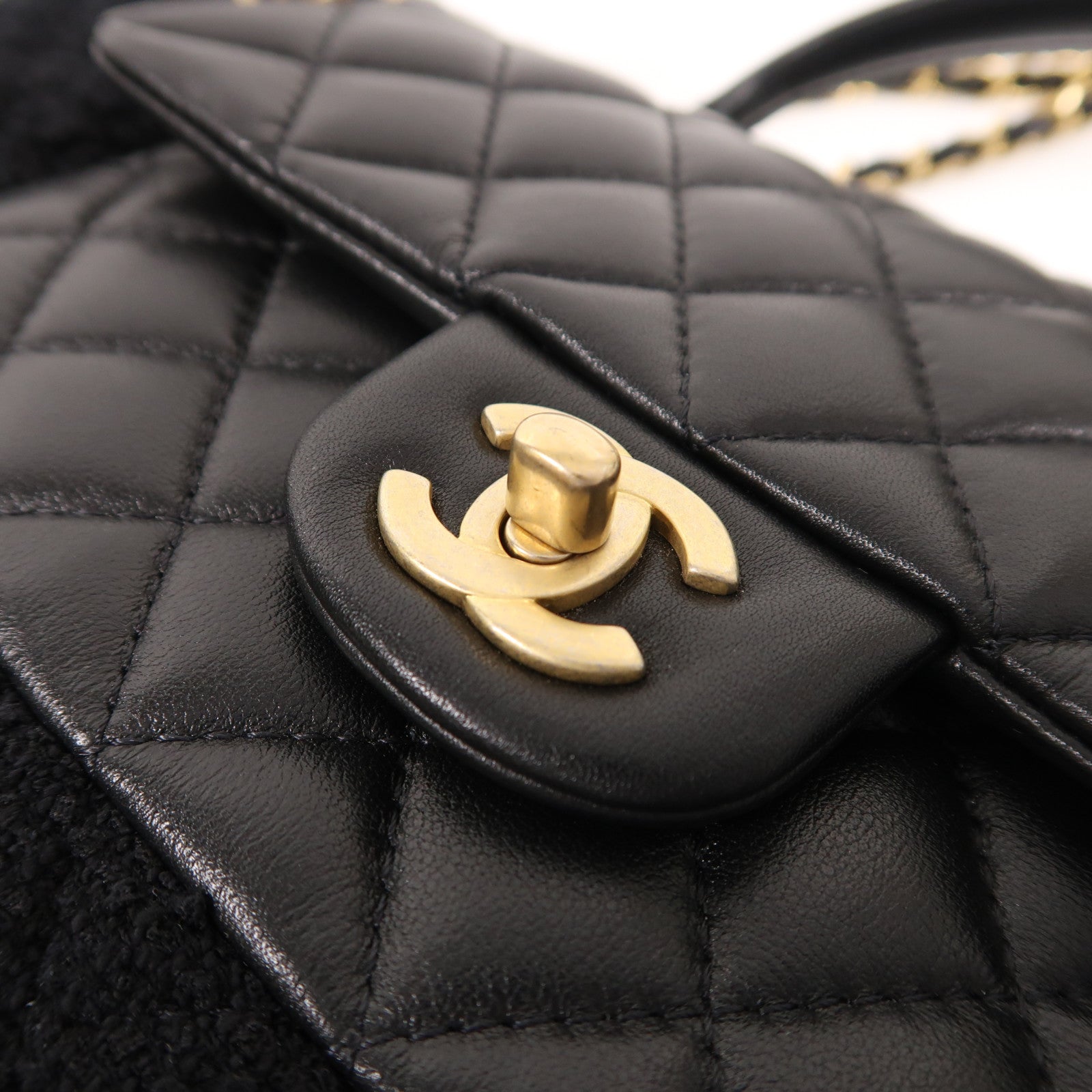 CHANEL 牛皮皮革/粗花呢2 Way Shoulder金扣手挽肩背兩用袋