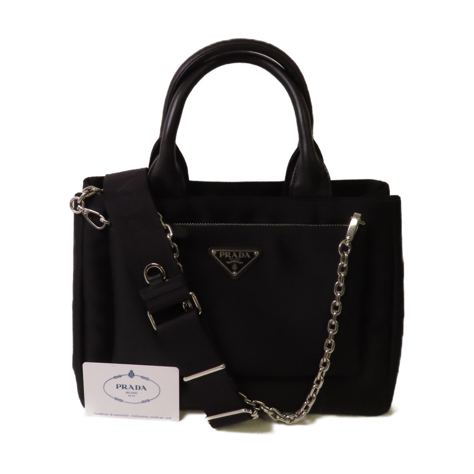 PRADA 尼龍Nero Tessuto 2Way Shoulder Bag銀扣手挽肩背兩用袋黑色