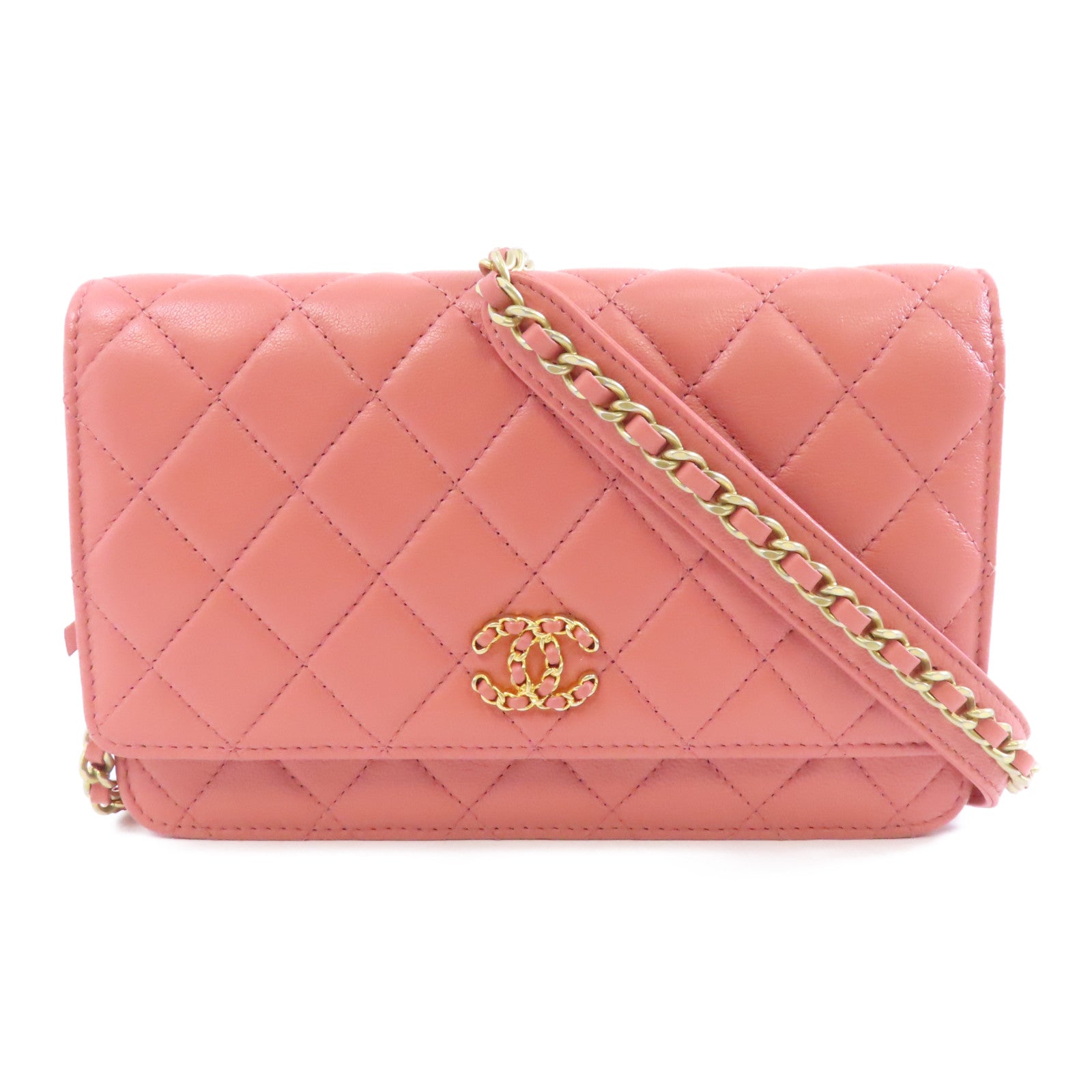 CHANEL 【激減優惠】菱格羊皮皮革C19 Wallet On Chain金扣鏈帶肩背袋粉紅色