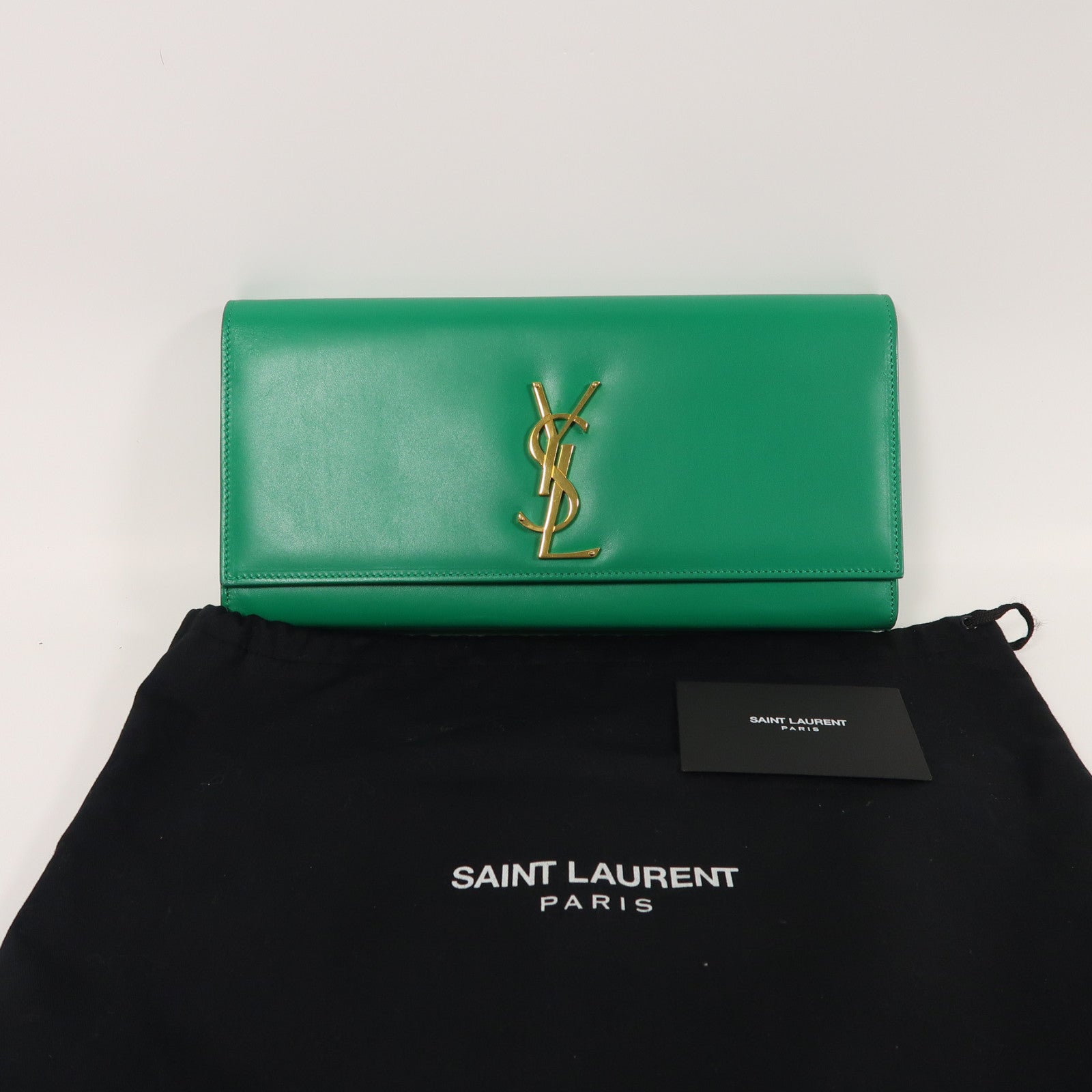 YVES SAINT LAURENT 牛皮皮革Clutch金扣手拿包綠色