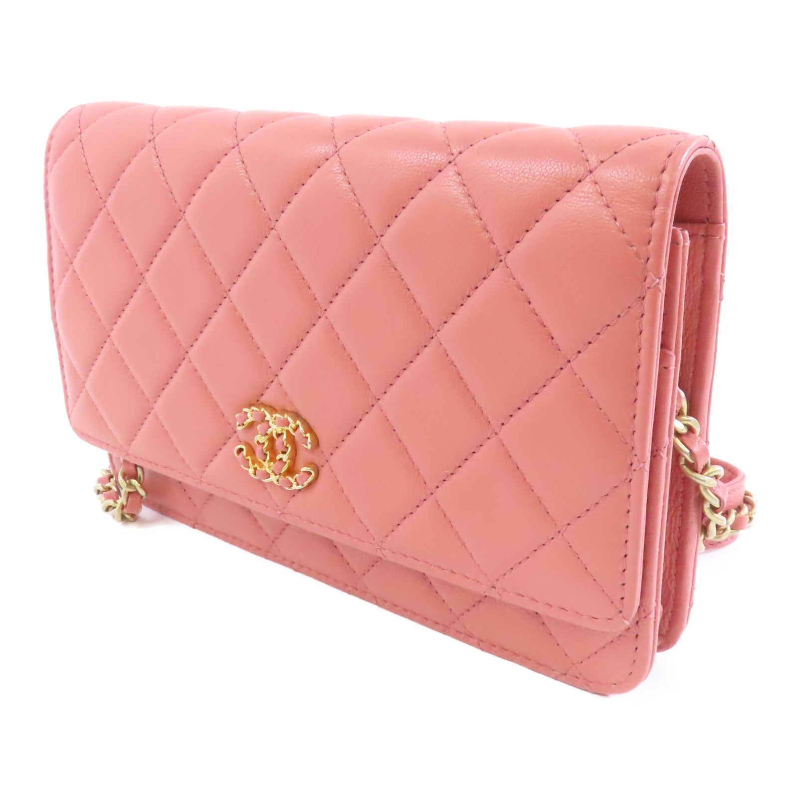 CHANEL 【激減優惠】菱格羊皮皮革C19 Wallet On Chain金扣鏈帶肩背袋粉紅色