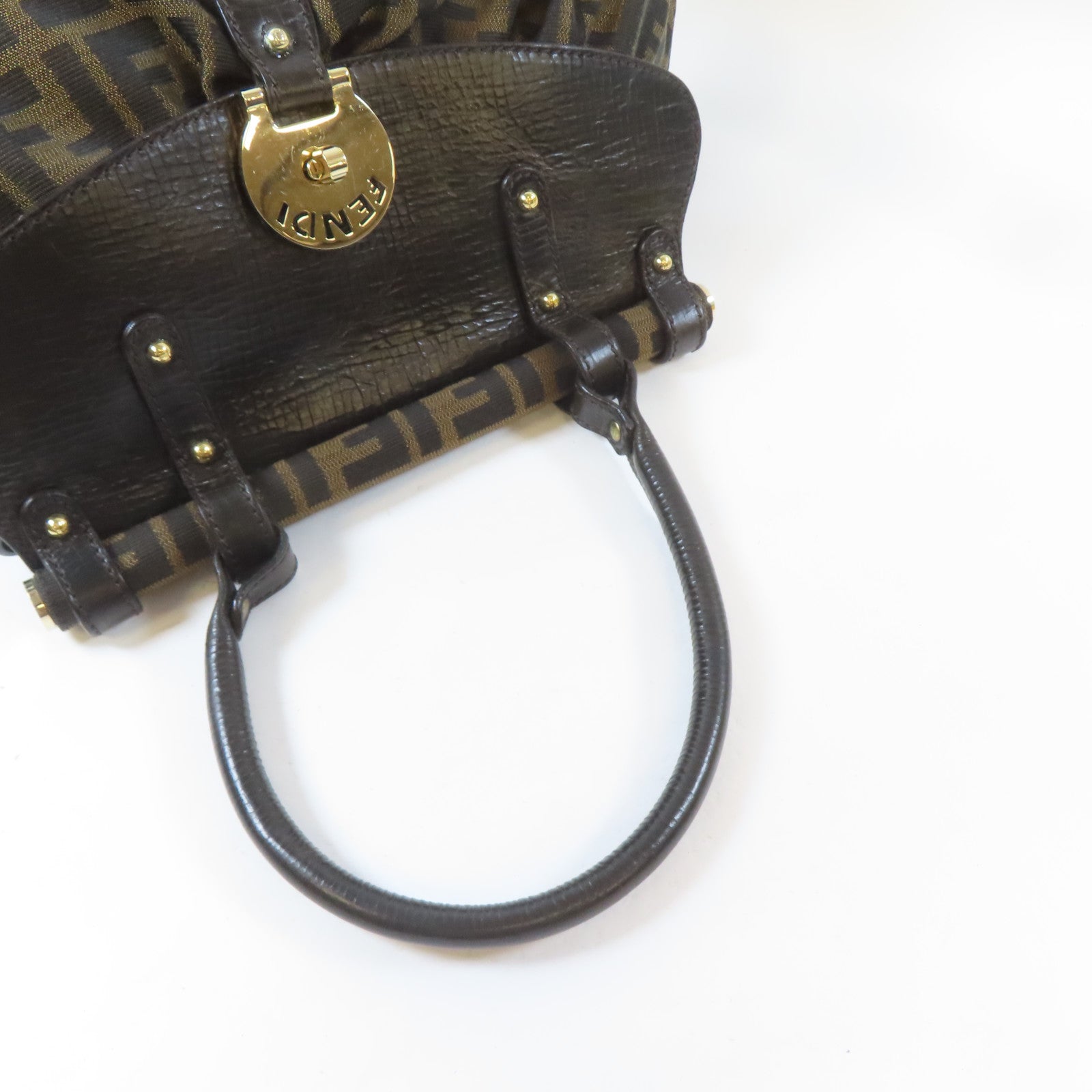 FENDI 牛皮皮革/帆布Hand Bag金扣手挽袋啡色