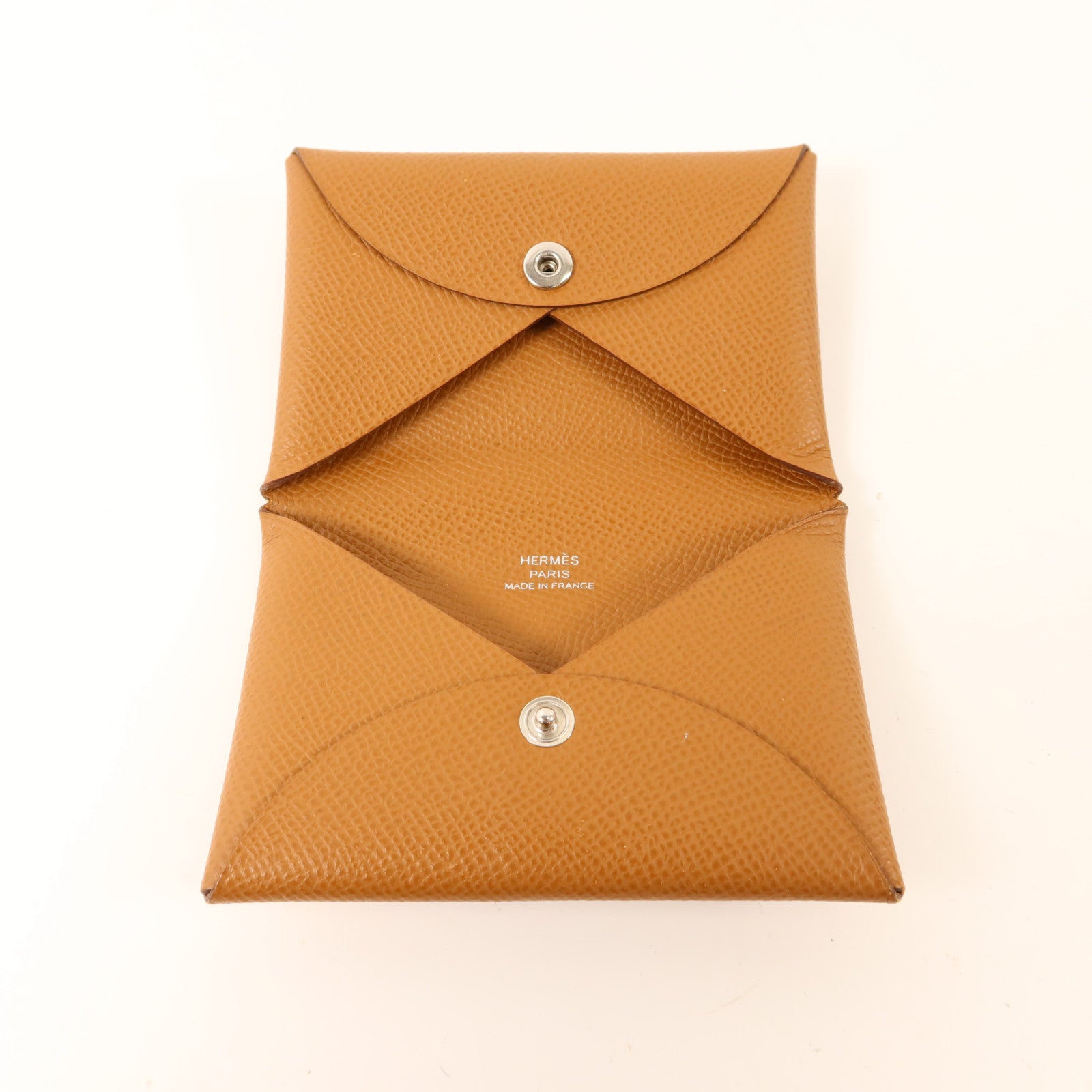 HERMES Epsom皮革Calvi銀扣卡片套Gold