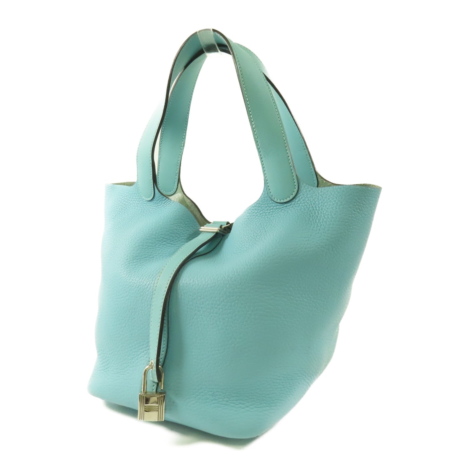 HERMES Clemence皮革Picotin 22銀扣手挽袋Bleu Atoll