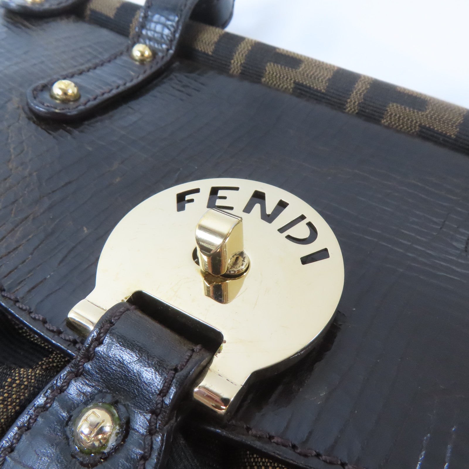 FENDI 牛皮皮革/帆布Hand Bag金扣手挽袋啡色
