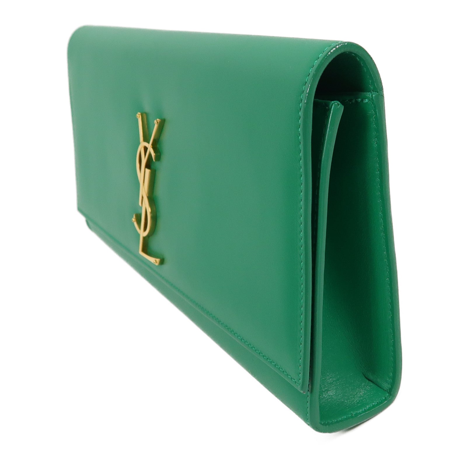 YVES SAINT LAURENT 牛皮皮革Clutch金扣手拿包綠色