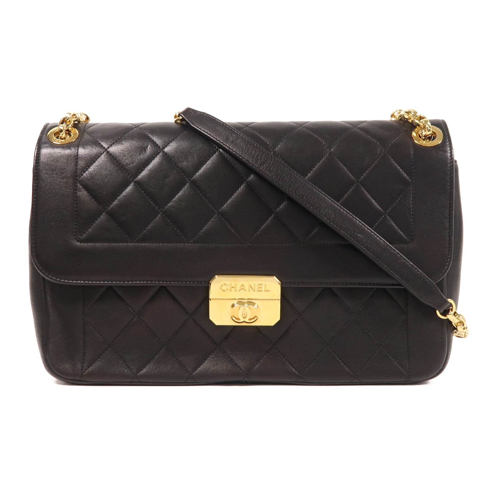 CHANEL 皮革Chain Shoulder金扣鏈帶肩背袋