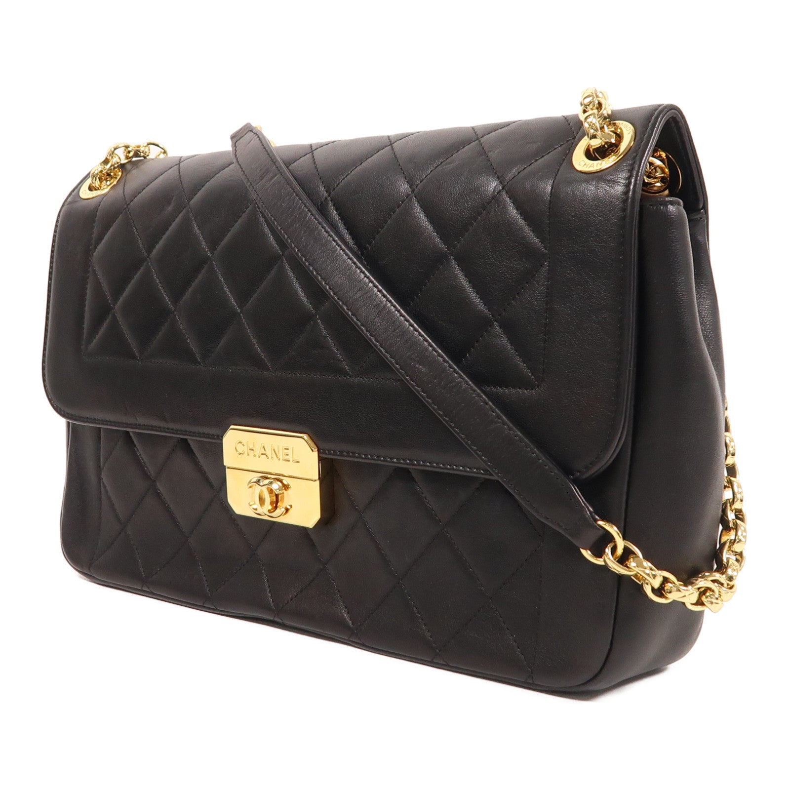 CHANEL 皮革Chain Shoulder金扣鏈帶肩背袋