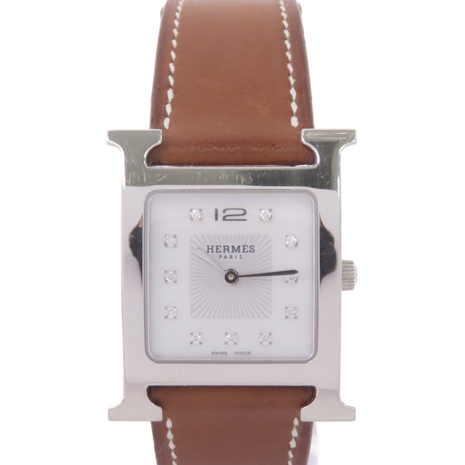 HERMES Heure H Watch不鏽鋼/珍珠母/鑽石/牛皮皮革石英機芯手錶白色