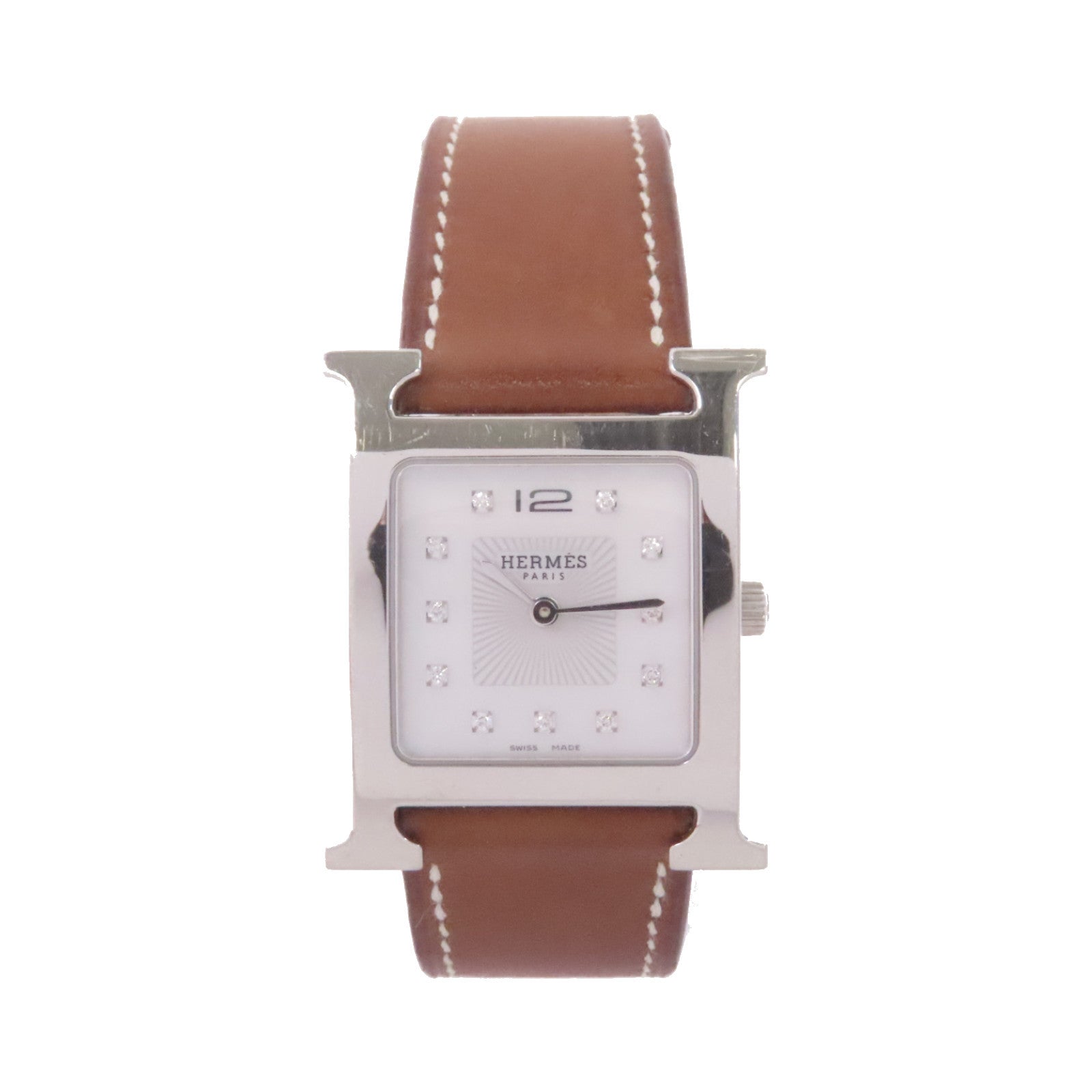 HERMES Heure H Watch不鏽鋼/珍珠母/鑽石/牛皮皮革石英機芯手錶白色
