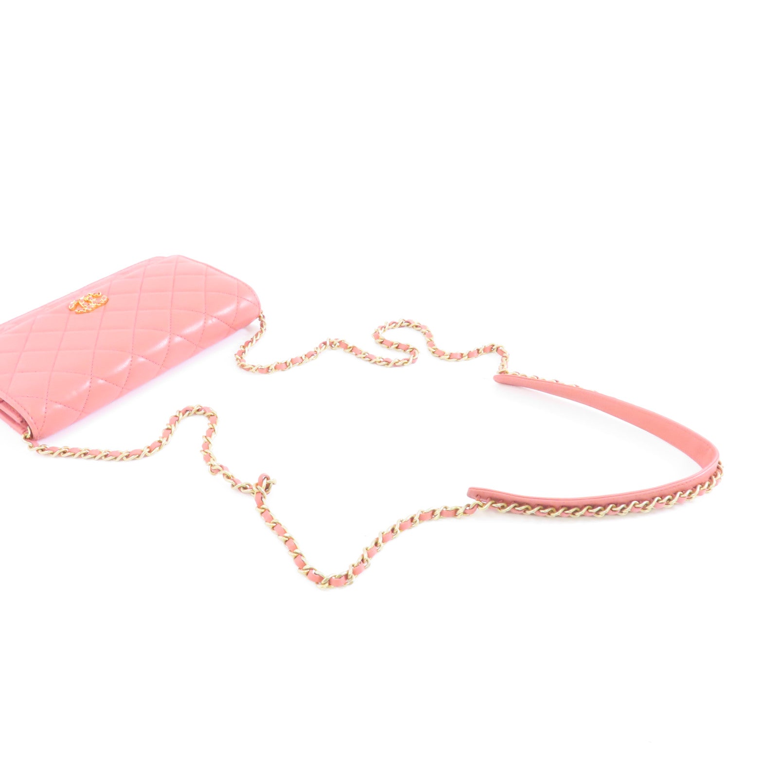 CHANEL 【激減優惠】菱格羊皮皮革C19 Wallet On Chain金扣鏈帶肩背袋粉紅色